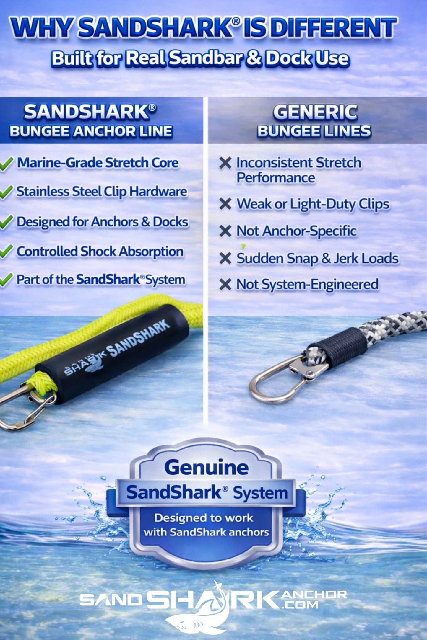 SandShark Premium Anchor Bungee Dock Line. Boat Accessories Anchor Line Absorbs Shock to Anchors and Docks w/Stainless Steel Clip - Blue - 7-14ft