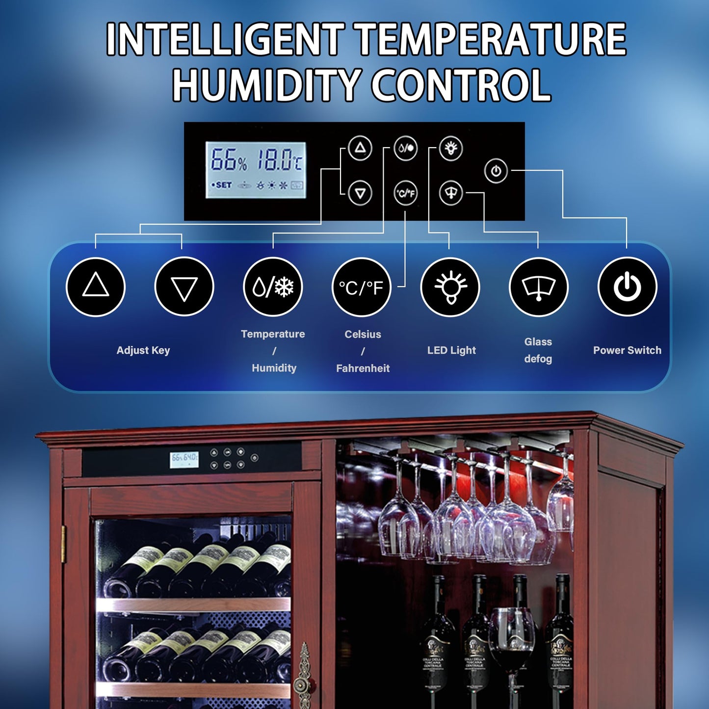 KEIKI Freestanding Wine Refrigerator with Wood Cabinet, 69 Bottle Single Zone Wine Cooler, Humidity Control Tempered Glass Door, LED Light Lockable Pull-Out Shelves, for Home Bar Kitchen, Cherry