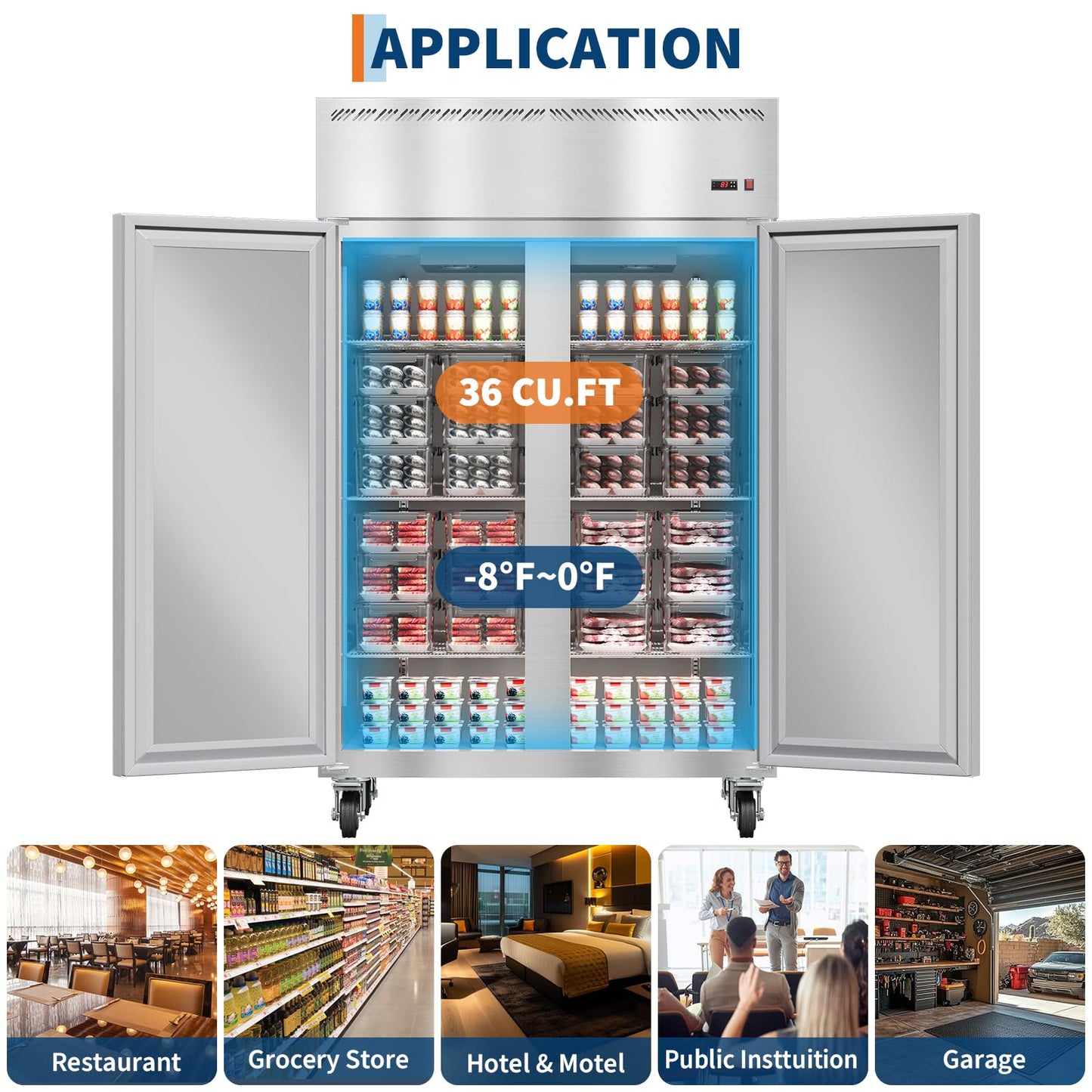 PeakPursuit 48" W Commercial Freezer -8°F~0°F,Reach-in 36 Cu.ft 2 Door Stainless Steel Commercial Refrigerator Fan Cooling,6 Adjustable Shelves, Auto Defrost,for Restaurant,Bar,Kitchen,Shop