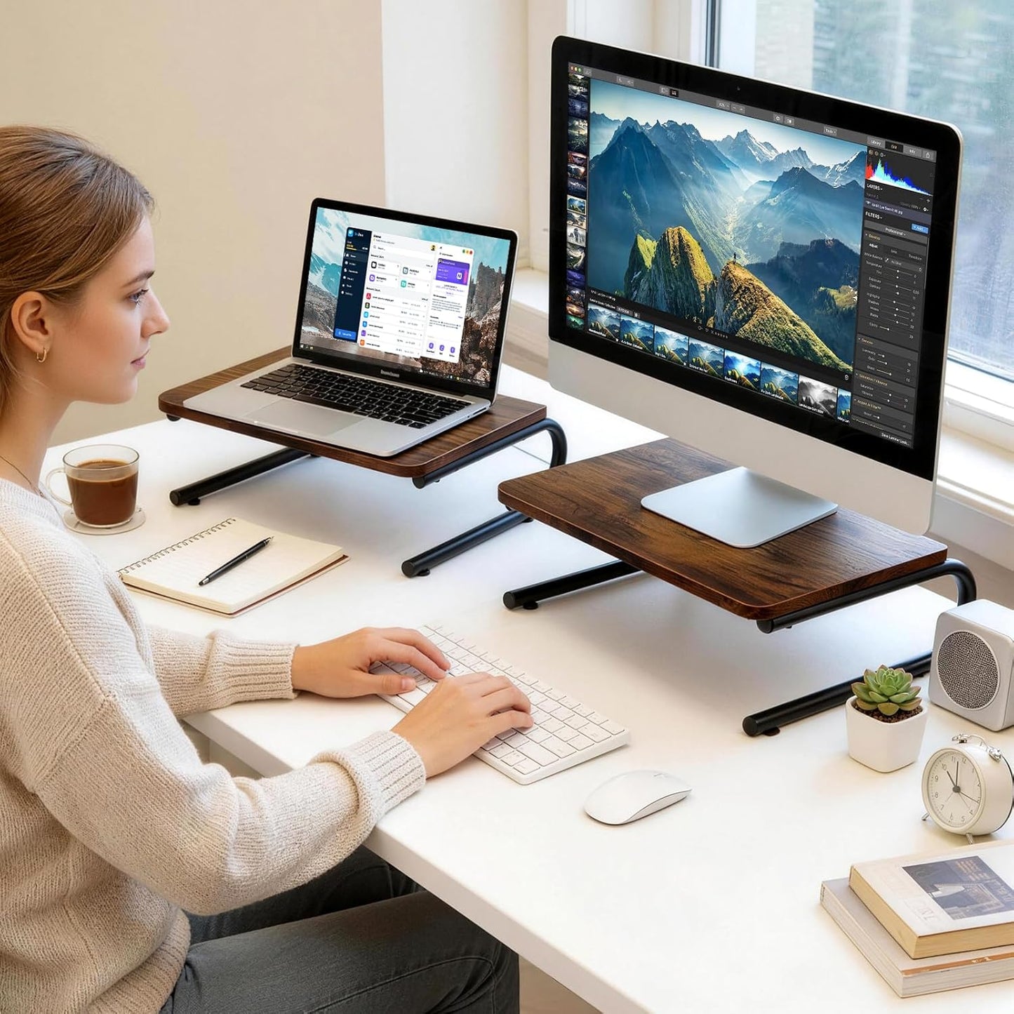 ARCOBIS Monitor Riser for Desk, Wood & Metal Computer Monitor Stand, Laptop, PC, Printer Stand Riser, Rustic Brown