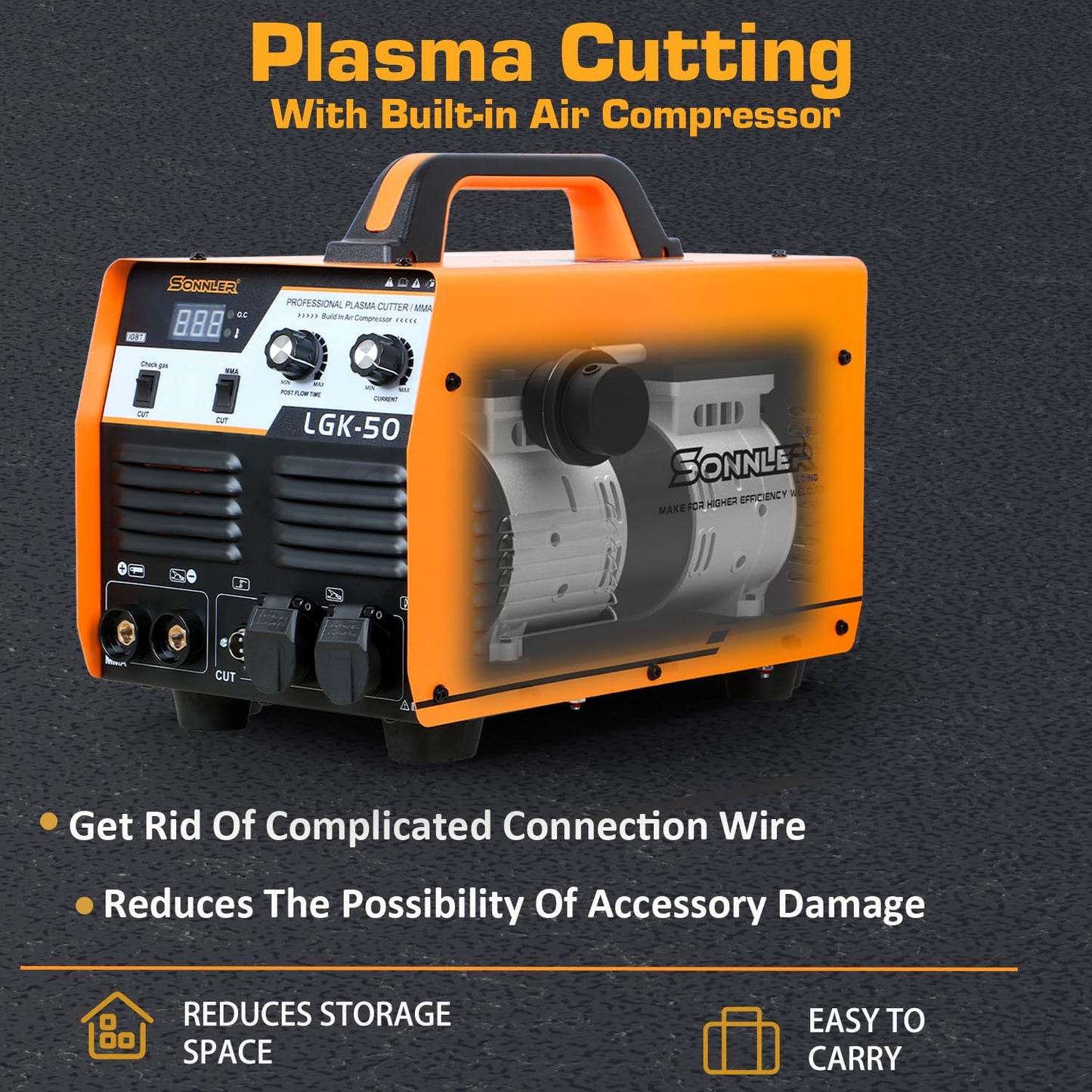 SONNLER 2 in 1 50A Plasma Cutter/MMA, 220V Digital Inverter IGBT Plasma Cutter Machine With Built-in Air Compressor, 1/3 Inch Clean Cut With Gas Delay.