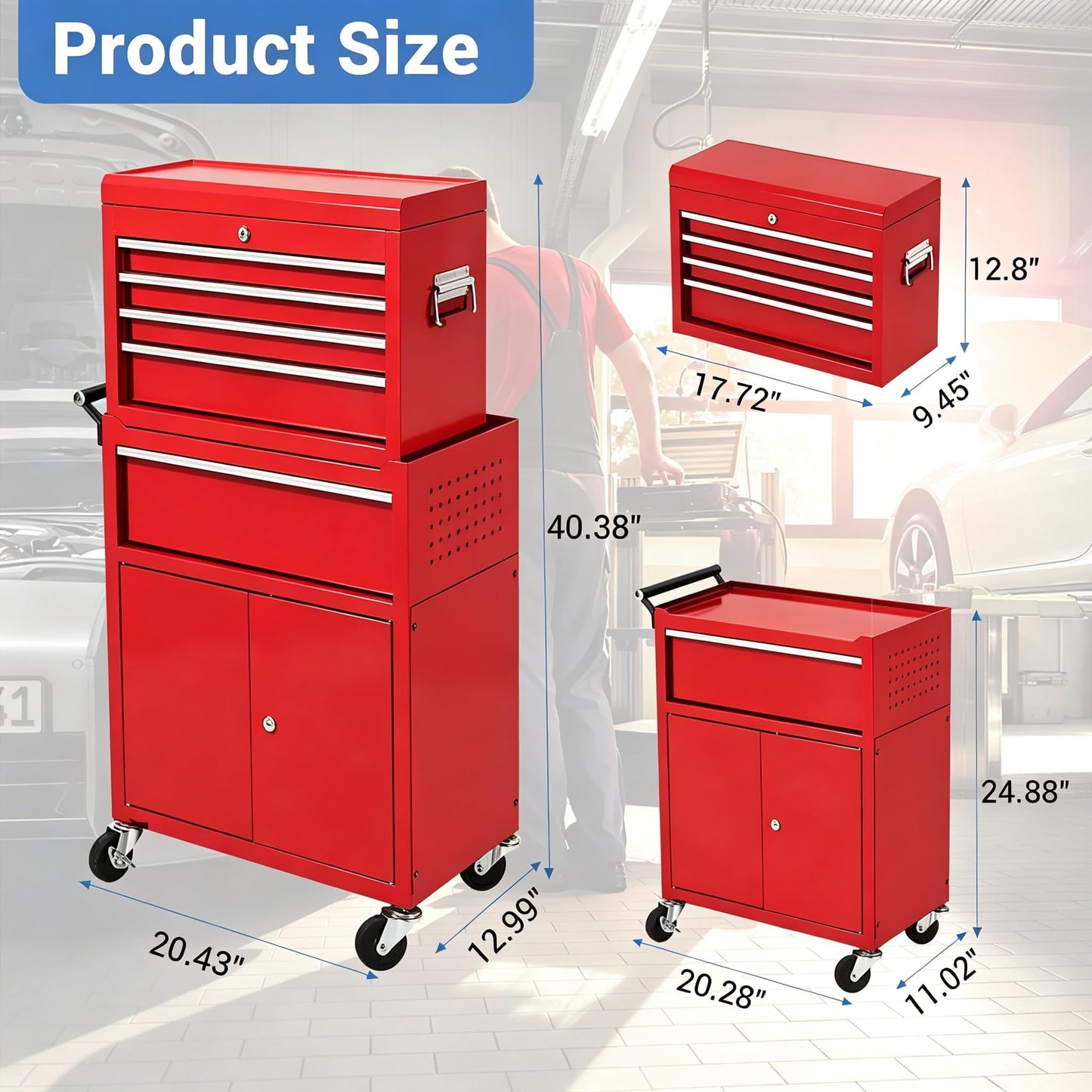 SierraSquad Heavy Duty 8-Drawer Rolling Tool Chest, 2-in-1 Detachable Top Tool Box, Locking Steel Storage Cabinet Cart on Wheels, Red
