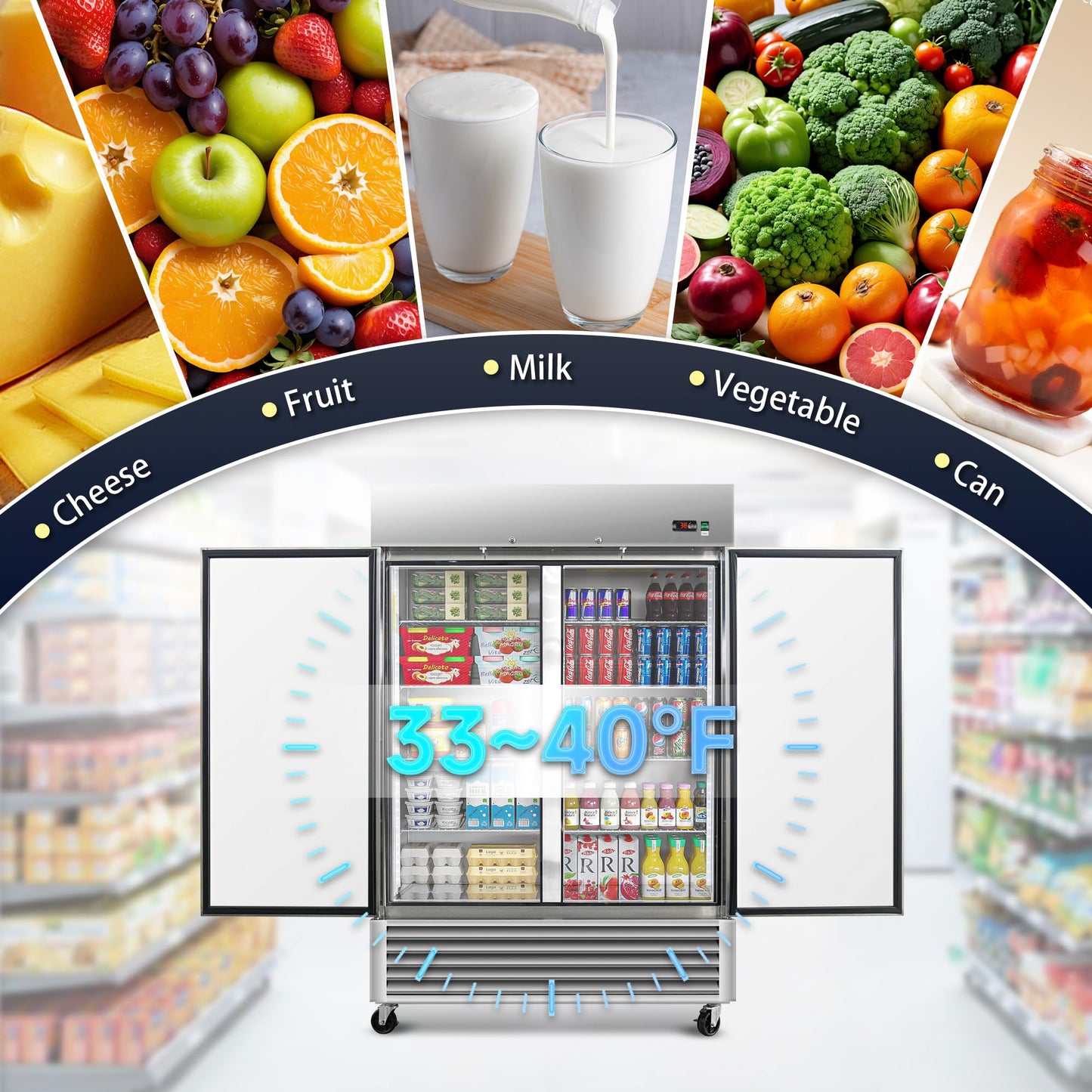 DeepTide 54" W Commercial Refrigerator with Double-Door: 49 Cubic Feet Storage, Adjustable Shelving, Automatic Defrosting, Precision Digital Thermostat, LED Lights, Safety Locks