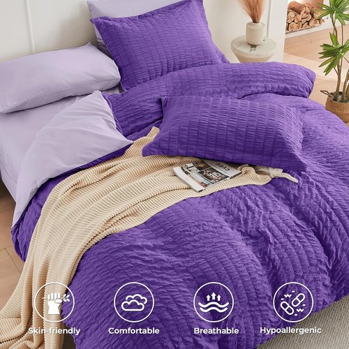 HYMOKEGE Queen Comforter Set - Dark Purple & Lavender Seersucker | 7-Piece All-Season Luxury Bedding Set