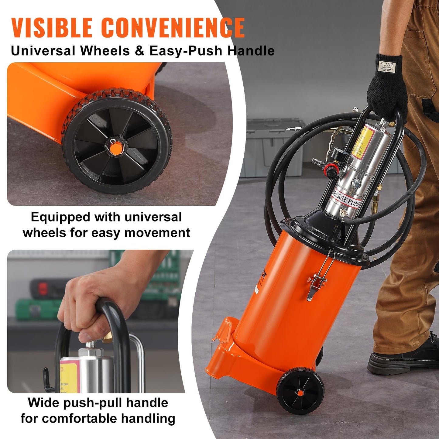 VEVOR Grease Pump, 3 Gallon Air Grease Pump with 13 ft High Pressure Hose and Grease Gun, 12L Pneumatic Grease Pump with Wheels, Portable Lubrication Grease Pump