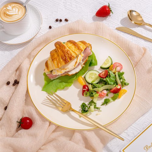 bUCLA 100PCS Ivory Plastic Plates with Gold Rim - Heavy Duty Cream Disposable Include 50 Dinner 10 inch & 50 Dessert 7 inch, for Party & Wedding