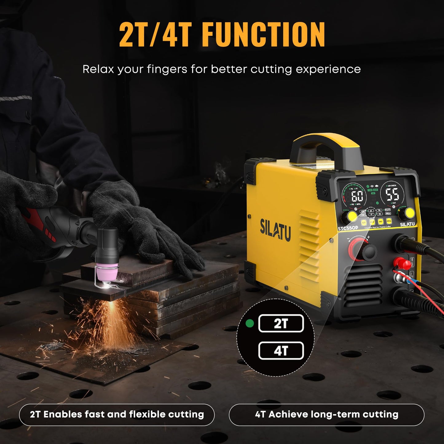SILATU 55Amps Plasma Cutter, STC550P HF Non-Touch Pilot Arc Plasma Cutter Machine, 110/220V Dual Voltage LED Display Air Sensor Technology, 1/2'' Clean Cut 2/3'' Max Cut, PT/2T/4T for Beginners DIY