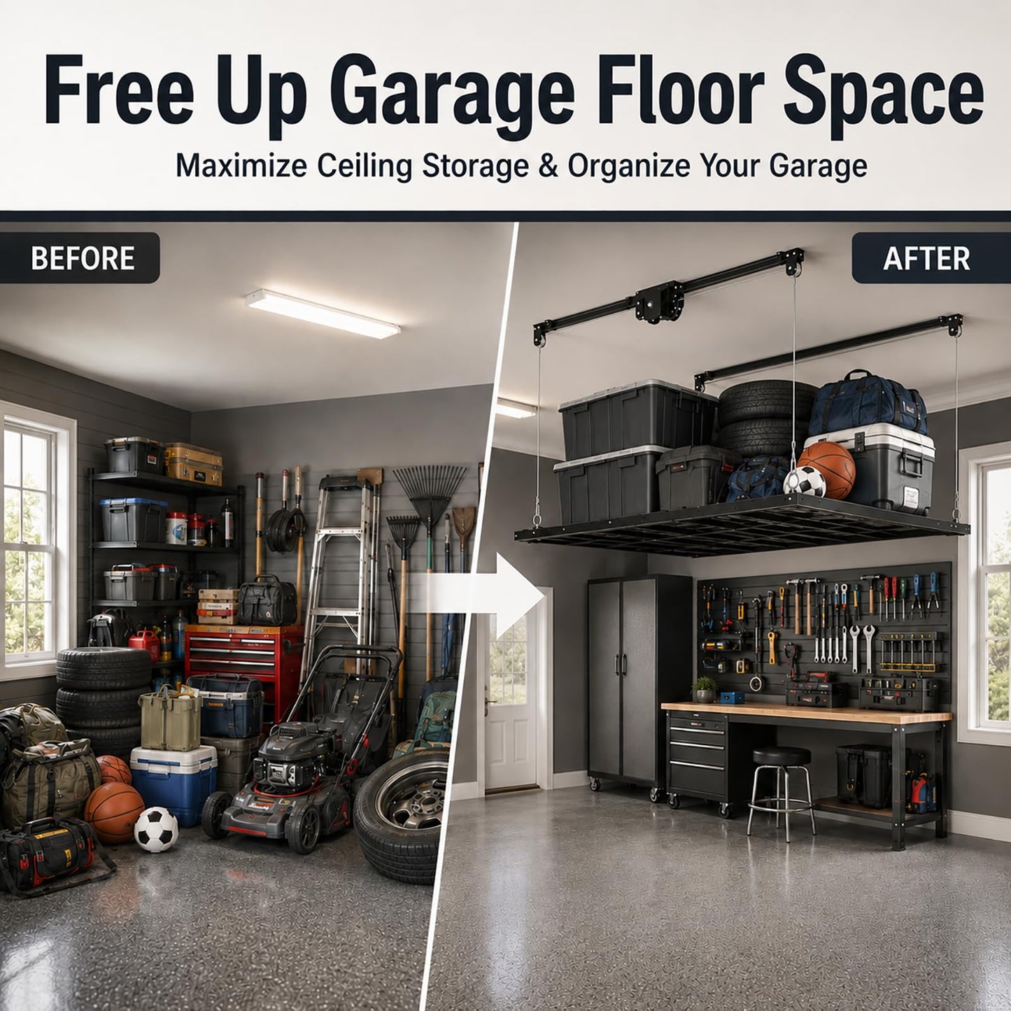 Overhead Garage Storage Rack 5x9 FT, Pull Down Garage Ceiling Storage Lift System with Drill-Operated Crank, Heavy Duty Ceiling Mounted Organizer with Safety Lock, 400 LBS Capacity