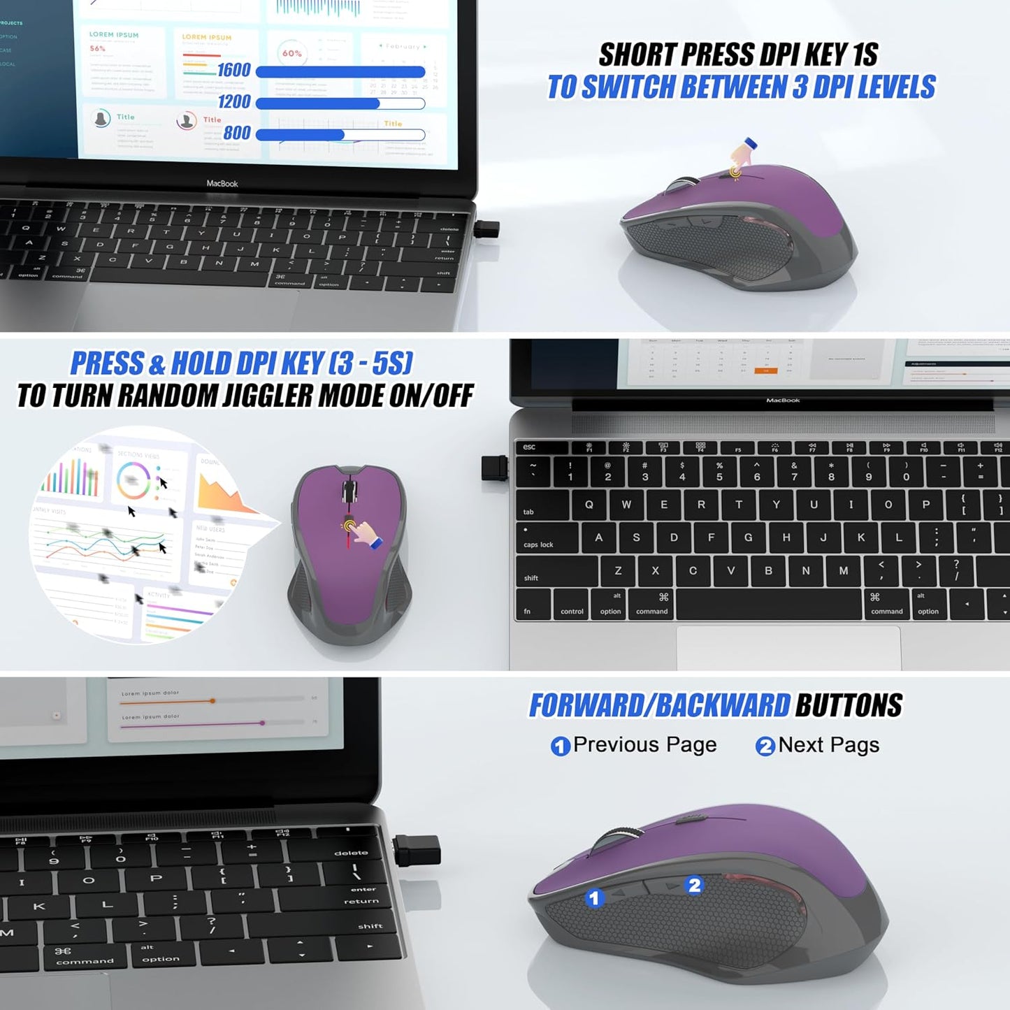 FYBC 3 2.4G Wireless Mouse Jiggler - Ergonomic Bluetooth Mice with Mouse Mover for Keeps Computers Awake, DPI Levels