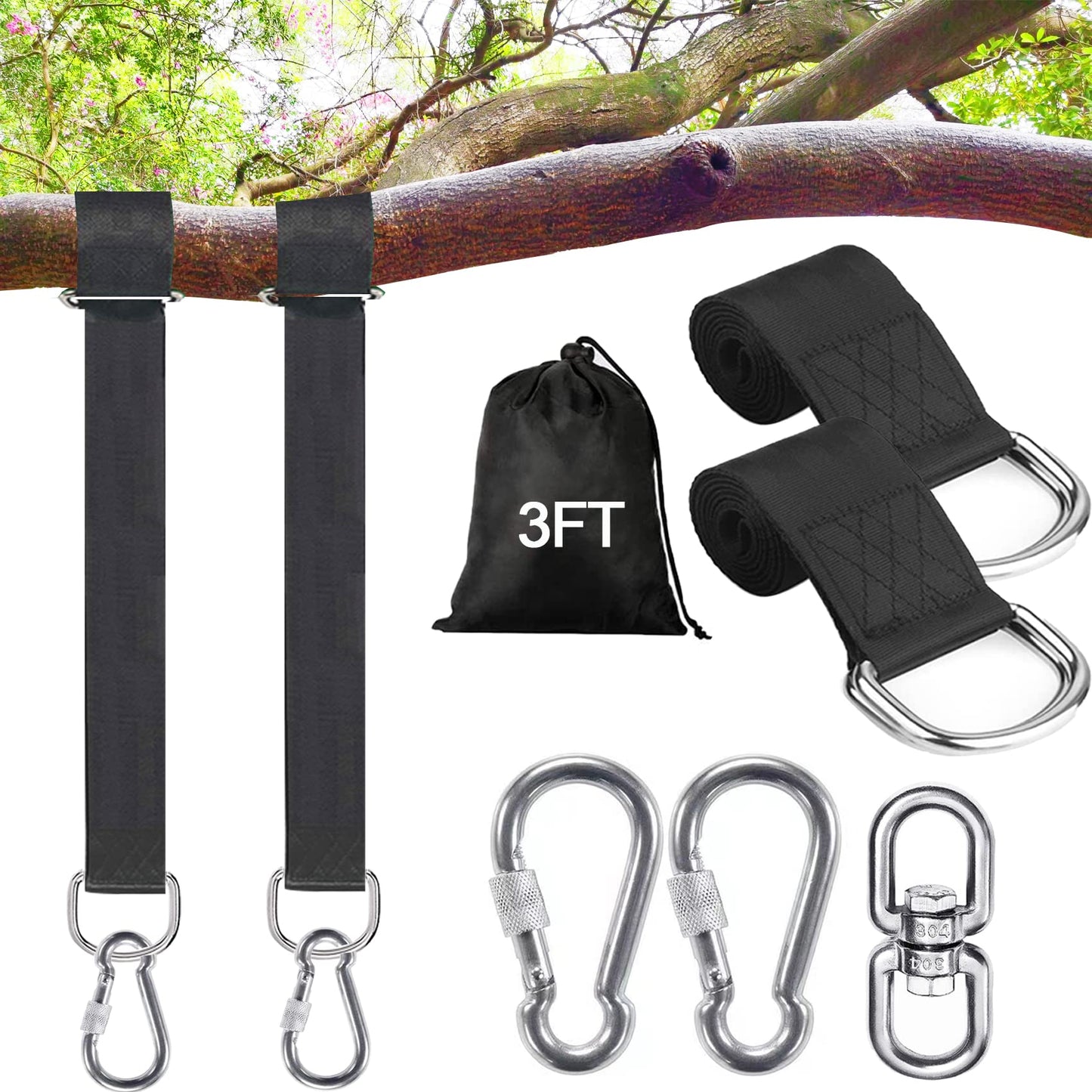 Werflyto Safe Tree Swing Hanging Straps Kit, 3FT/10FT/15FT/20FT, Heavy Duty Holds 5500LBS Extra Long Adjustable Tree Swing Straps, Easy & Fast Way to Hang Any Swing or Hammock(3 FT)
