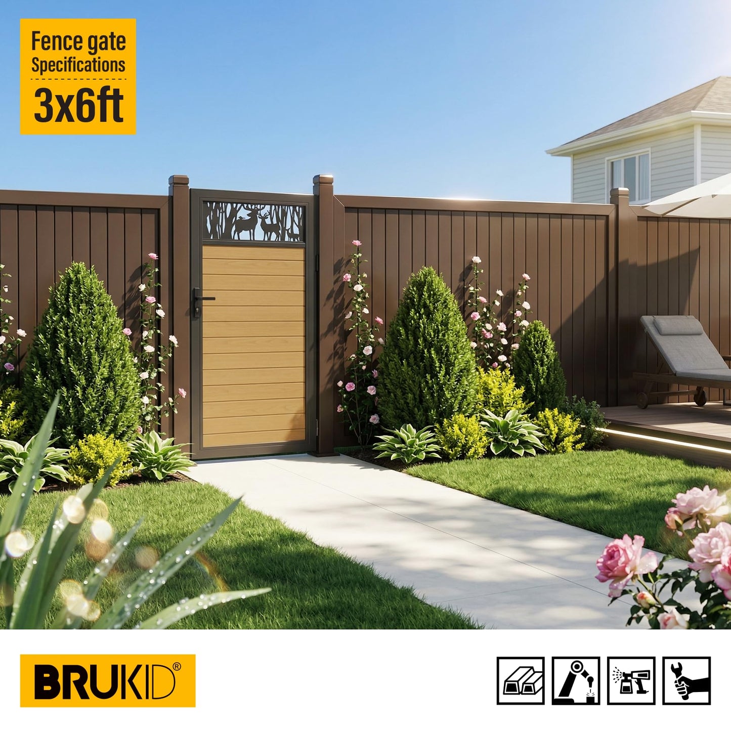 Brukid 3x6 FT Aluminum Fence Gate Kit Wood Grain Aluminum Gate with Decorative Cutout, Lock & Hinges, Left/Right Opening, Weather Resistant for Yard Garden Patio