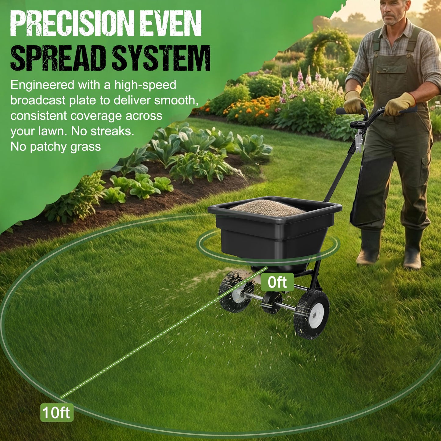 PPOLB Broadcast Spreader for Lawns, 100LB Fertilizer Spreader with 30-Level Flow Control, Walk Behind Lawn Seed & Salt Spreader, 0–10FT Coverage, Hopper Screen, Rain Cover, 12" Pneumatic Wheels