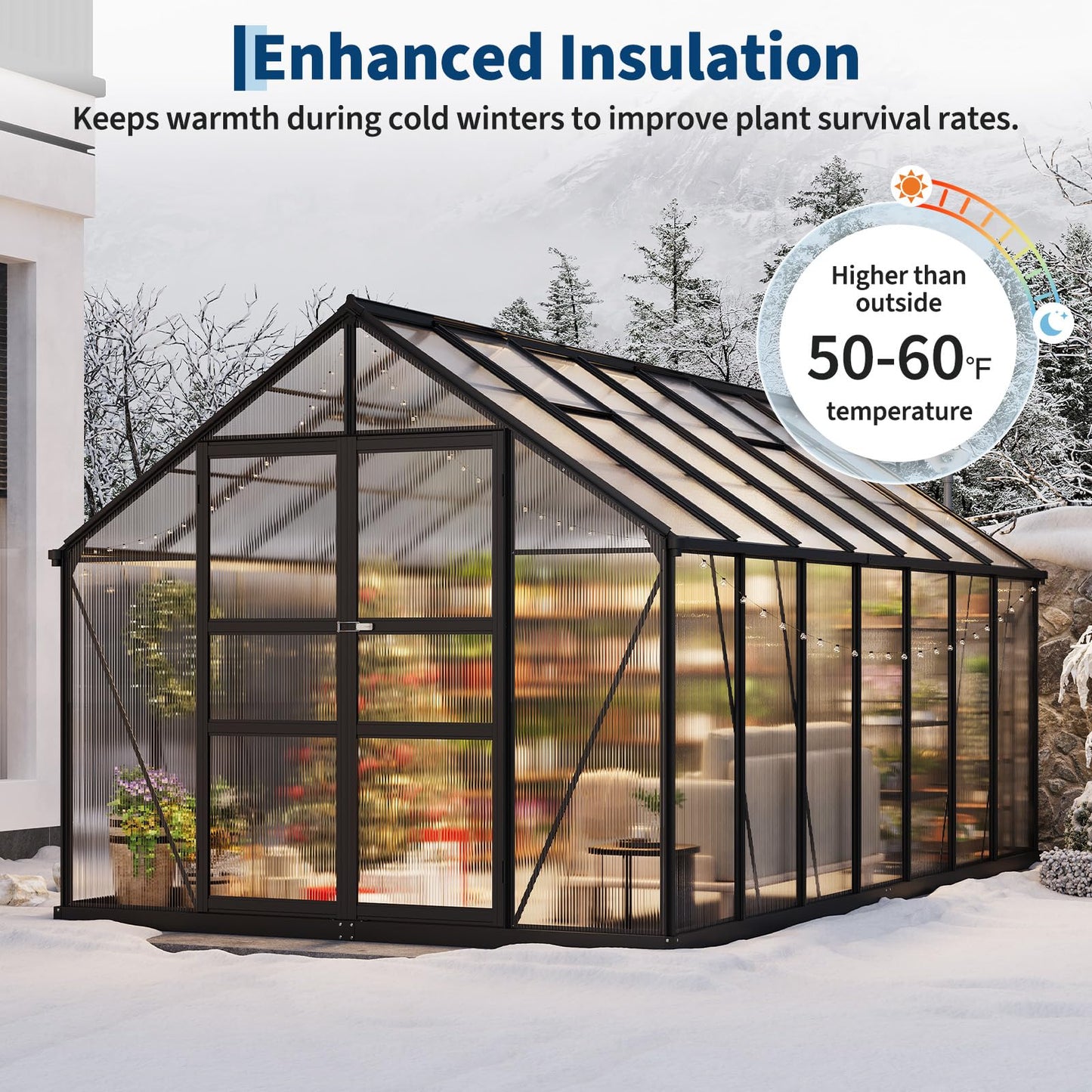 8×14 FT Outdoor Aluminum Polycarbonate Greenhouse, Easy Assembly Walk-in Greenhouse with Roof Vent & Lockable Hinged Door, Large Heavy Duty Greenhouse for Patio, Backyard, Garden, Sunroom, Black
