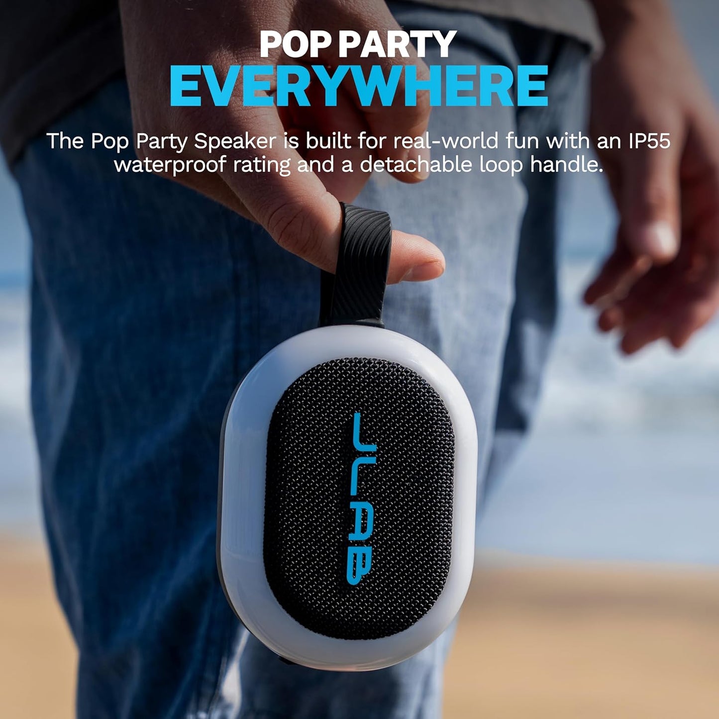 JLab 8+ IP55 100 Pop Party Portable Bluetooth Speaker, Black, Hours of Playtime, Waterproofing, Detachable Loop Handle