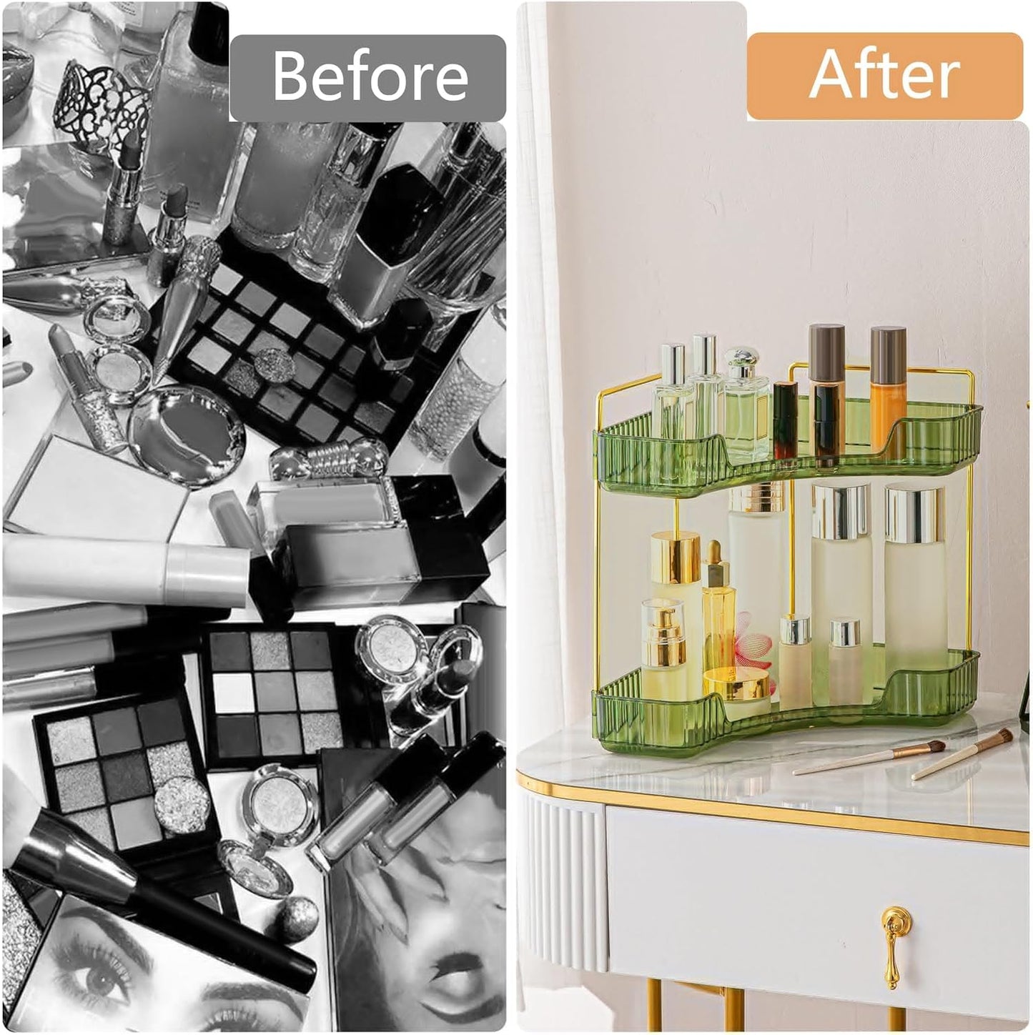 Skiennix Corner Bathroom Counter Organizer - 2-Tier Makeup & Perfume Shelf in Green