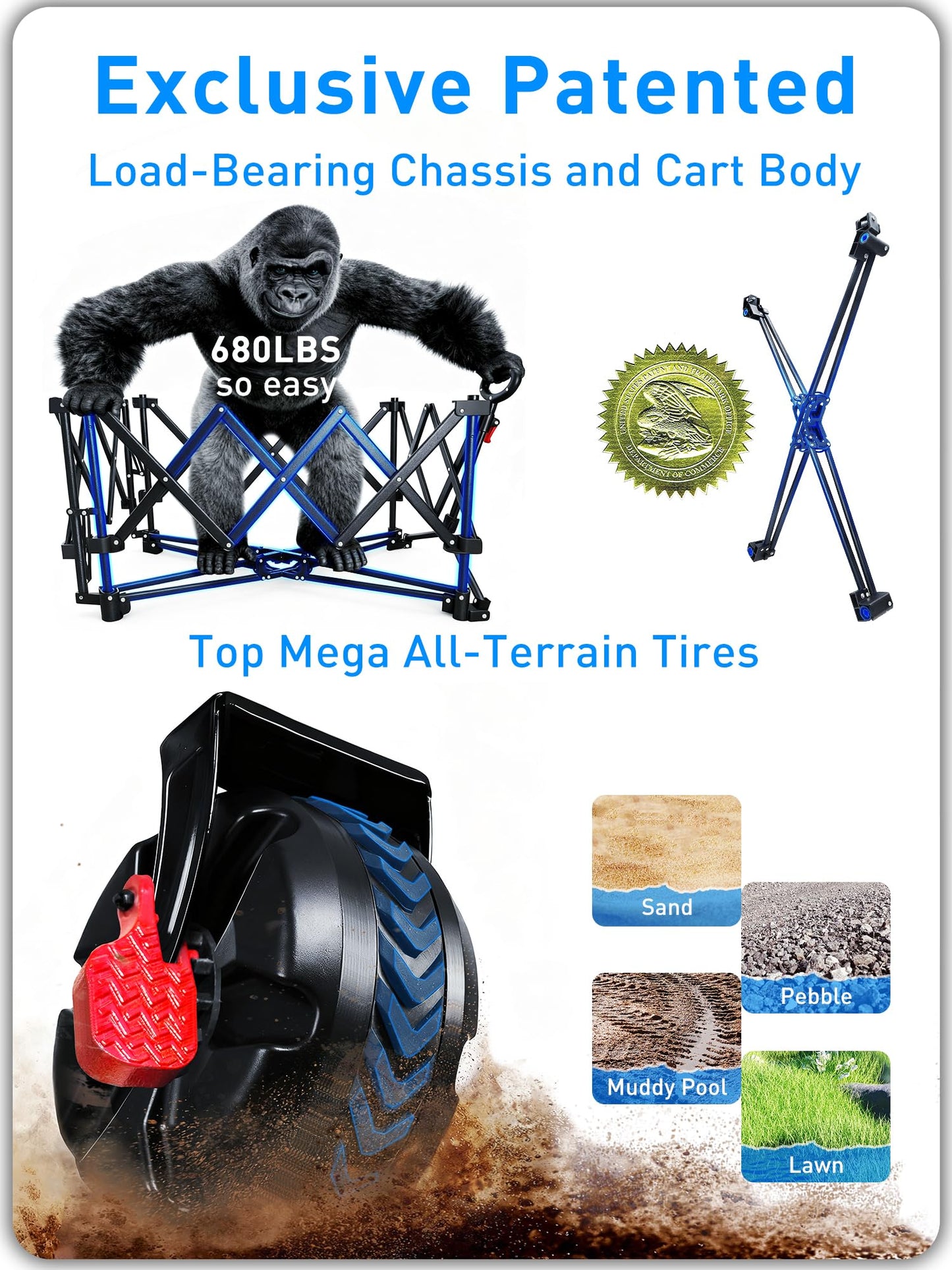 VIC 680lbs Super Cart & Table 1=5 Set, 480L Mega Capacity 54" Extra Long Extra high Folding Wagon, Heavy Duty Collapsible Carts with Brakes, All-Terrain Big Wheels for Camping, Store, Shopping