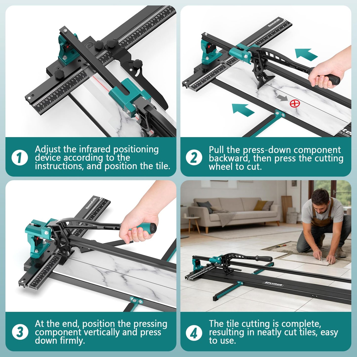 Seeutek 48 Inch Manual Tile Cutter, Porcelain & Ceramic Cutting Tool with Tungsten Carbide Wheel, Infrared Positioning & Adjustable Brackets, Suitable for Professionals and Beginners