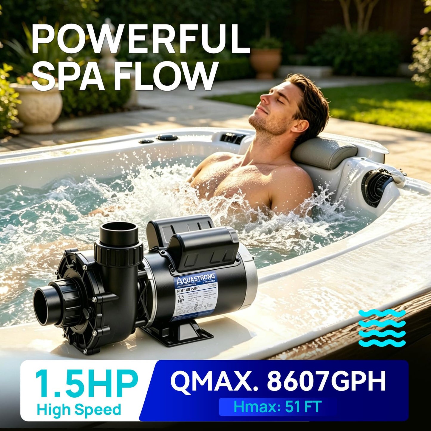 Aquastrong SPA Pump, Dual Speed Hot Tub Pump, Pure Copper Motor, Low Noise, Easy Installation with 1.5" & 2" Adapters, 90° Rotating Inlet & Outlet, Compatible with Hot Tubs & Spa Systems, Light Black