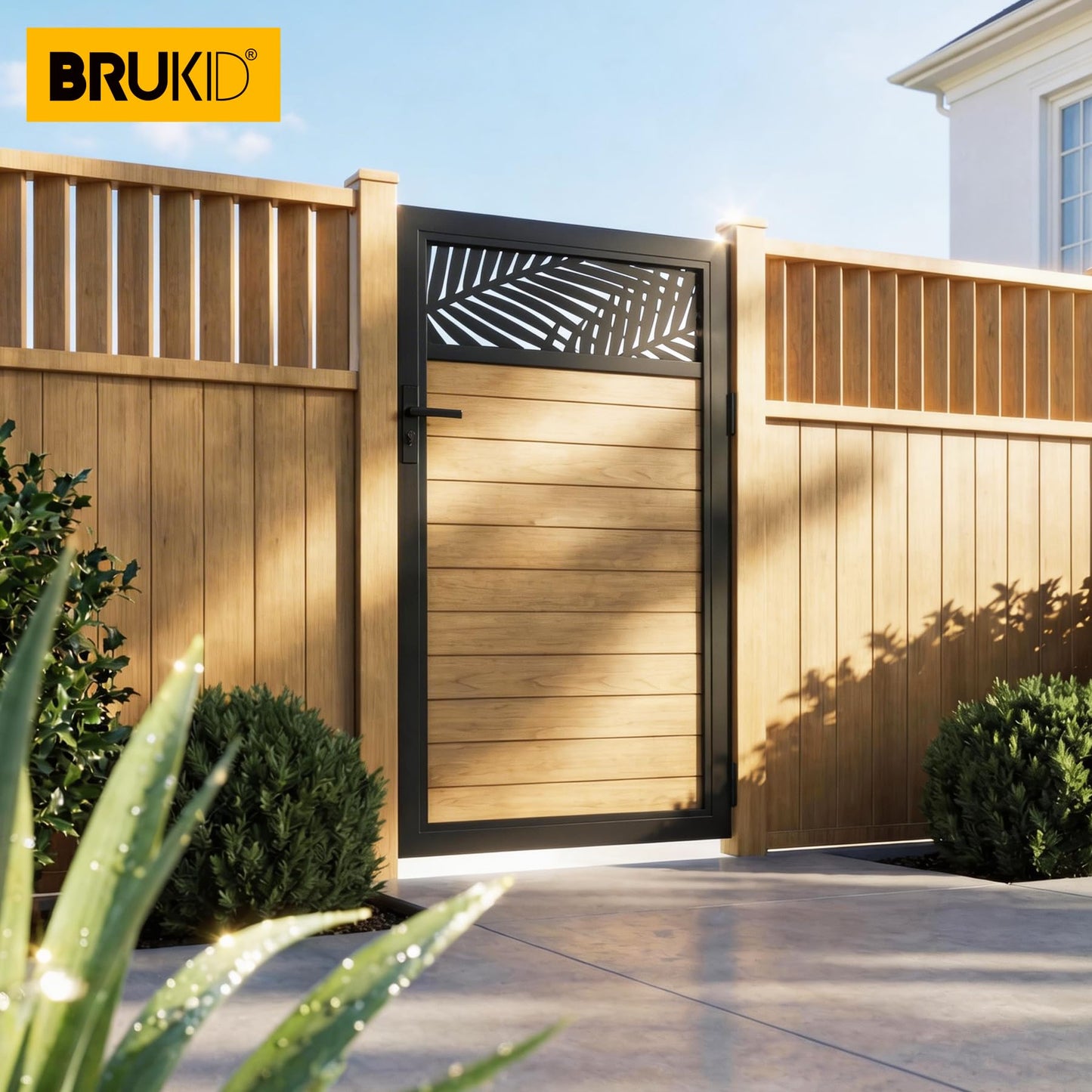 Brukid 3x5 FT Aluminum Fence Gate Kit Wood Grain Aluminum Gate with Decorative Cutout, Lock & Hinges, Left/Right Opening, Weather Resistant for Yard Garden Patio