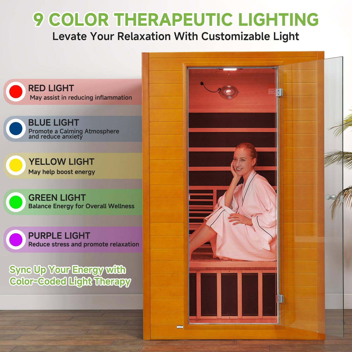 Real Relax Infrared Sauna, 2 Person Low EMF FAR Infrared Saunas for Home, Indoor Personal Canadian Hemlock Wood Sauna with 9 Chromo Therapy Lights, Bluetooth Speakers for Home & Gym Spa