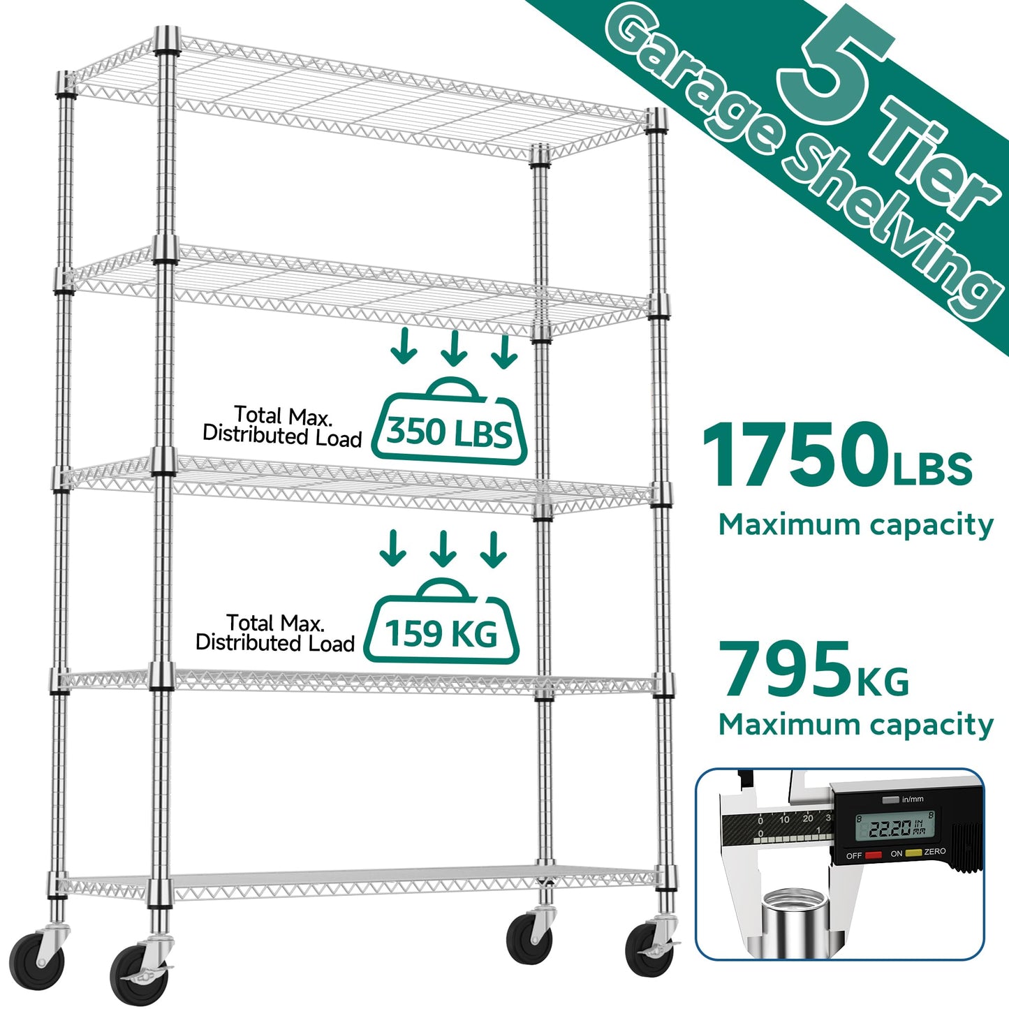 M MZG 1750LBS 47.2" W 5 Tiers Storage Shelves Metal Shelving Unit with Wheels Heavy Duty Garage Shelving Adjustable Wire Shelves for Pantry,Kitchen,Garage,Basement,Chrome 17.7" D x 47.2" W x 76.8" H