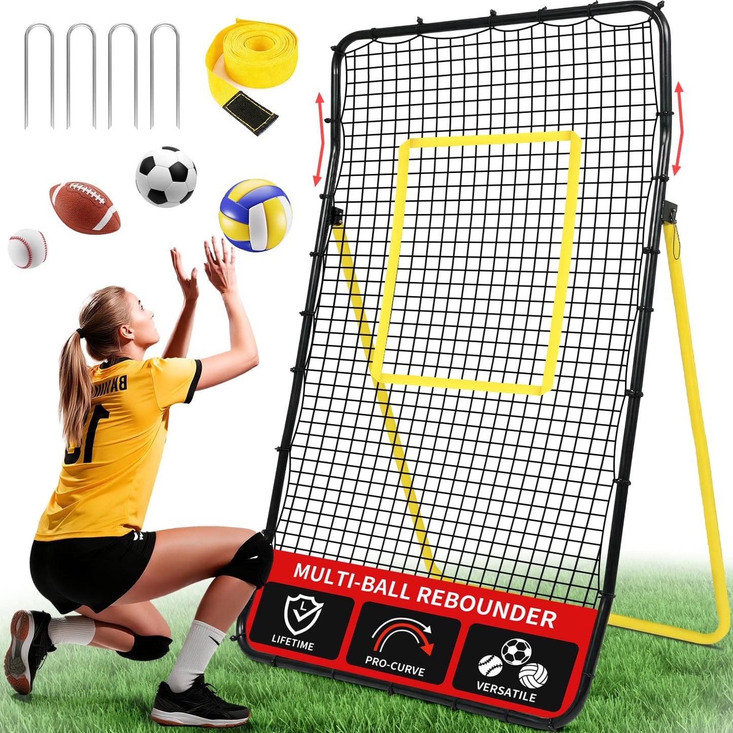 BAGAIL Volleyball Rebounder Net 7x4 Ft, Bounce Back Training Equipment with Unique Curved Frame for Better Catching, 5 Adjustable Angles for Volleying & Spiking, Easy Set Up & Sturdy Base - Yellow