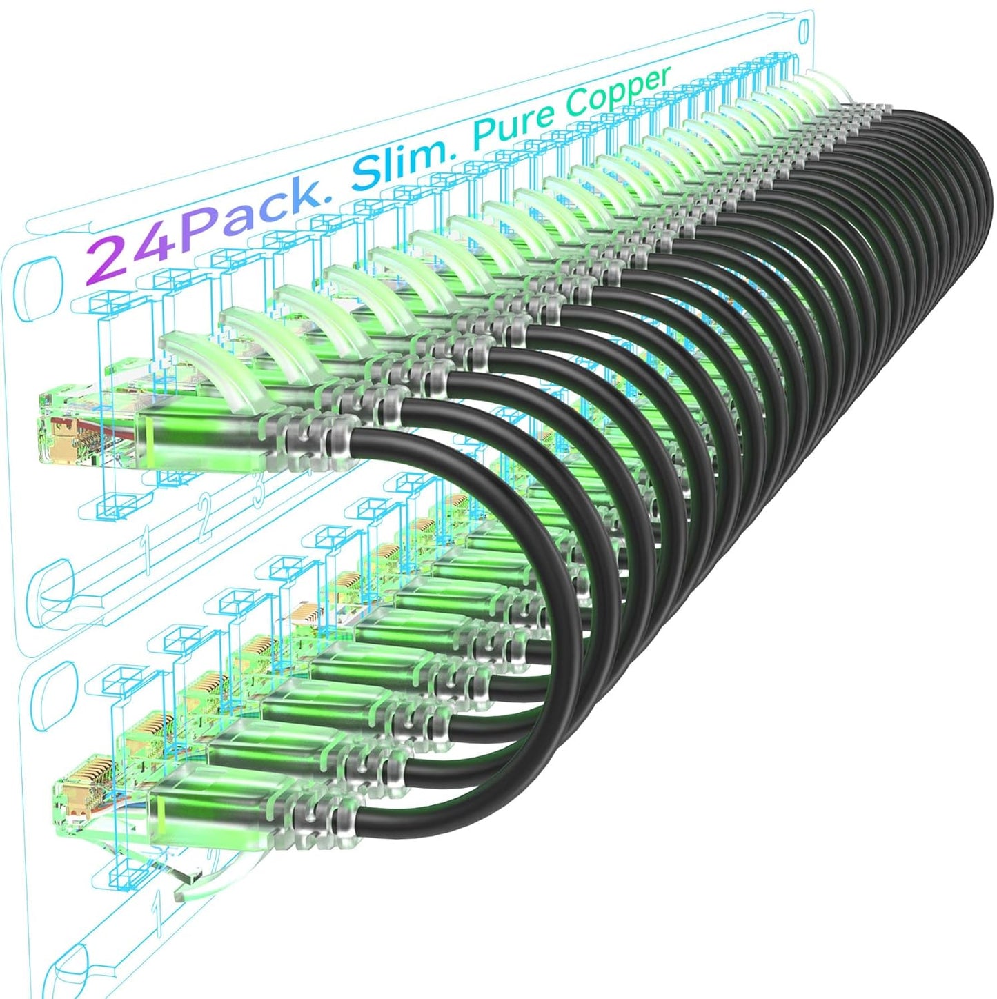 Sokqovt Cat6a 2ft (24 Pack), Cat6 10G 550MHZ, 28AWG Cat6 6 Patch Cables Slim Flexible Ethernet Patch Cable Pure Copper