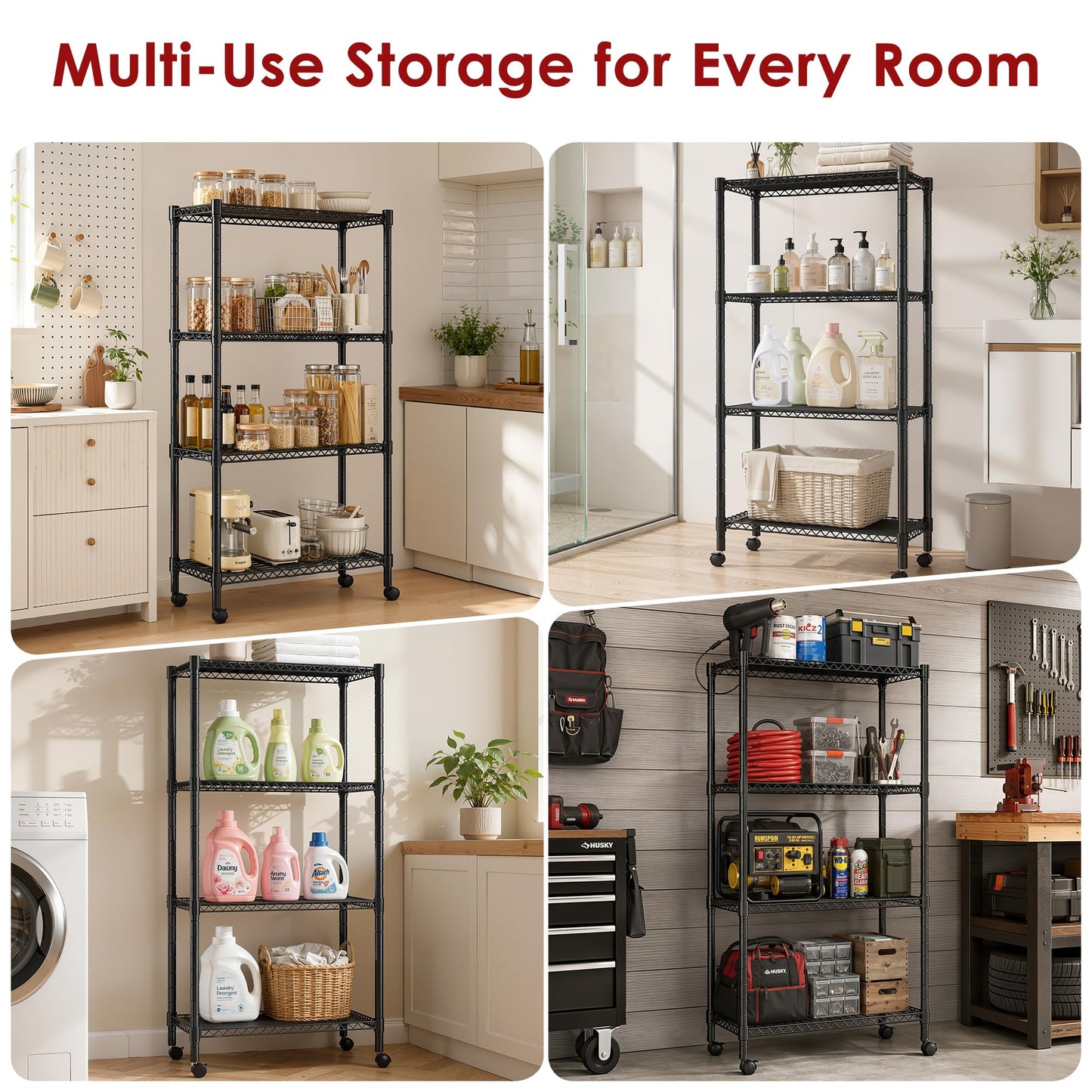 Simple Deluxe 4-Tier Heavy Duty Adjustable Storage Shelf with Wheels, 23.23”W x 17.63”D x 47.24”H, Wide Mobile Metal Shelving Unit, Easy Assembly for Living Room, Office,Black