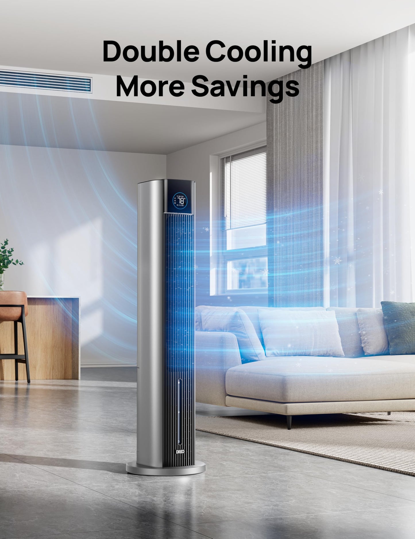 DREO Tower Fan for Bedroom, 43" Cooling Fans That Blow Cold Air 2026 Upgraded, Evaporative Air Cooler, Quiet 80° Oscillating Floor Fan, Easy Cleaning, APP Control, 4 Modes 4 Speeds, 12H Timer, Silver
