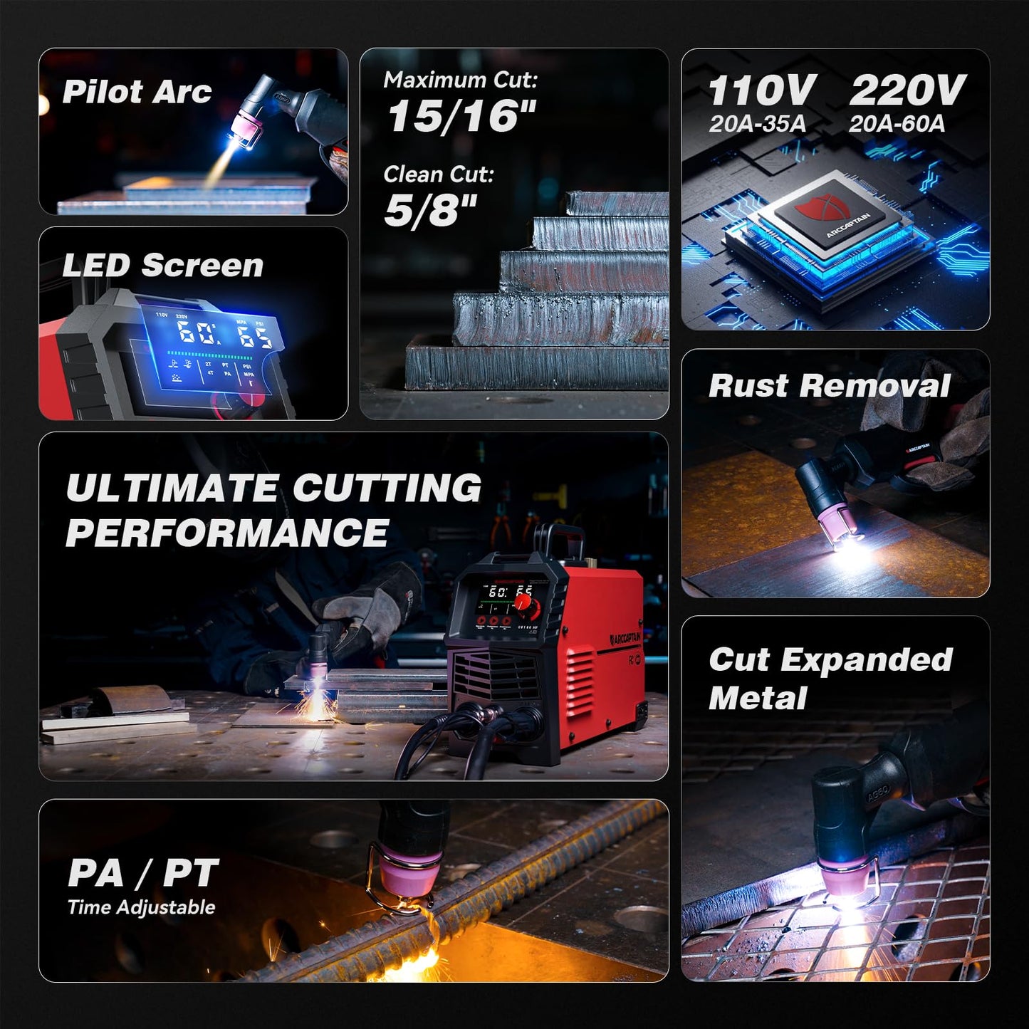 ARCCAPTAIN 60A Plasma Cutter with Plate Cutting, Expanded Metal Cutting, Rust Removal + Internal Control Welding Helmet