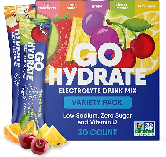 GoHydrate Instant Hydration Powder Packets - Low Sodium Electrolytes Drink Mix - Natural Hydration Support, Sugar Free Electrolyte Flavored Powder Drink with Vitamin D, 30 Packs, Variety Pack