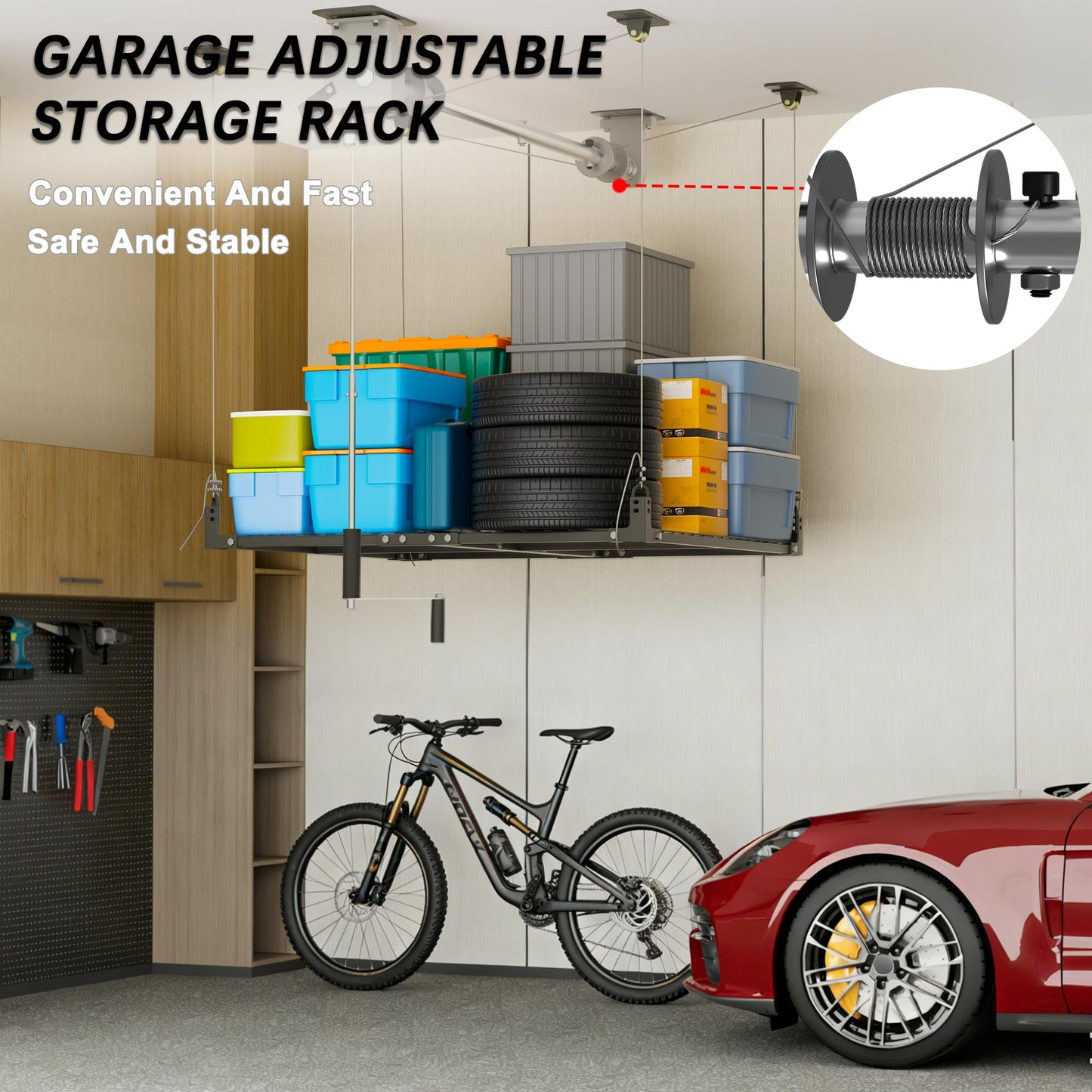 Soywey Garage Ceiling Storage Racks,4x4 FT Garage Storage Lift with Secure Lock,Heavyweight Overhead Rack for Easy Up Down,Industrial Elevator System Holds 400 Lbs