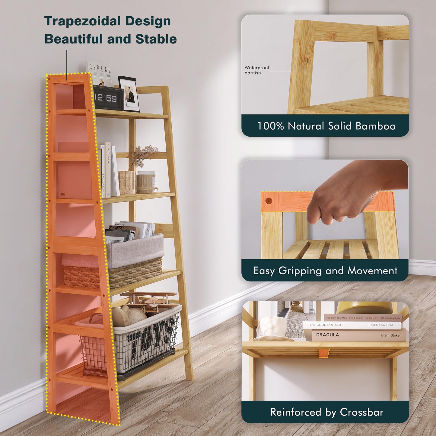 HITNET Bamboo Ladder Bookshelf and Bathroom Wall Cabinet, Over The Toilet Hanging Medicine Cabinet Floor Standing Leaning Shelf 4 Tier, Natural