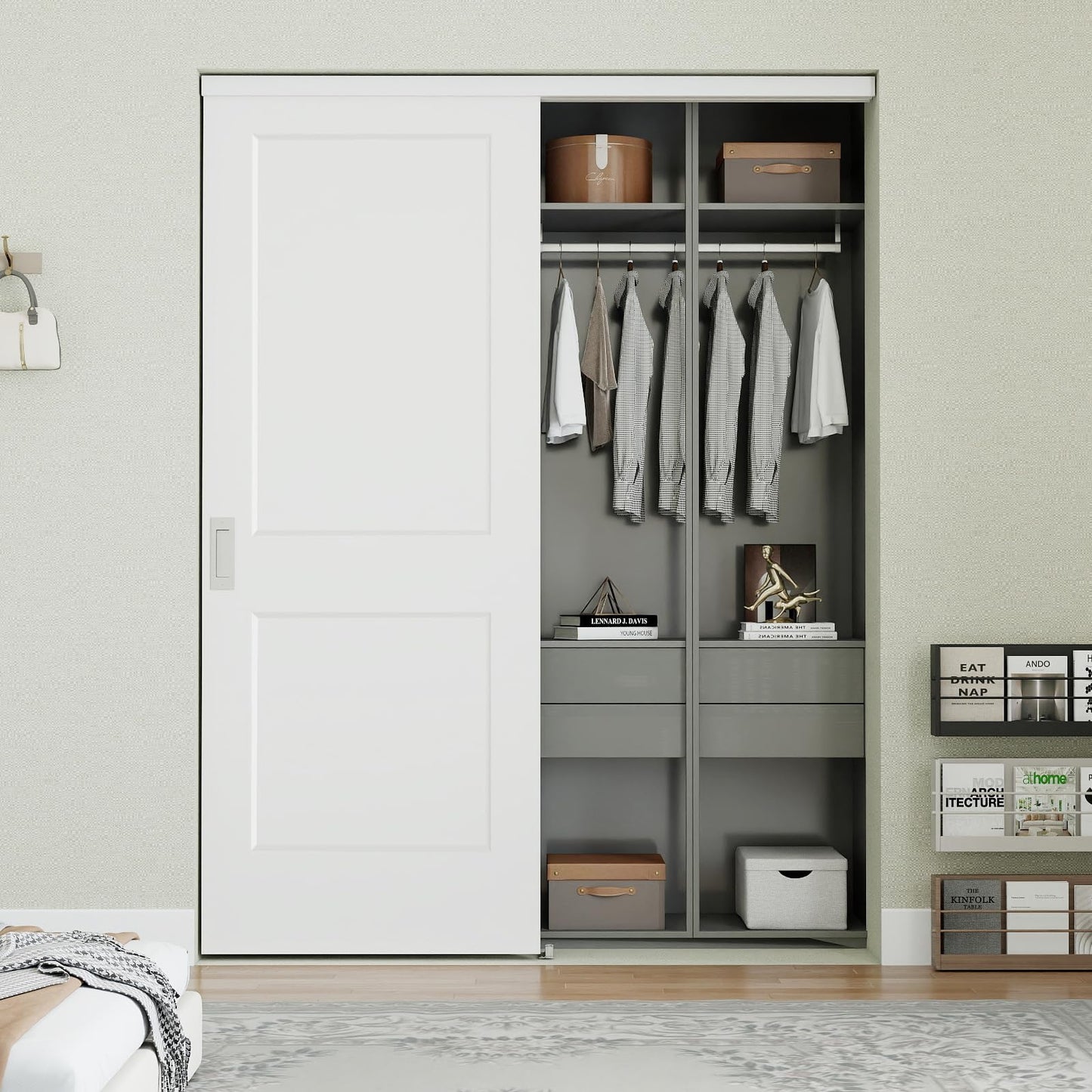JUBEST 60in. x 80in. Bypass Closet Door, Flat 2 Panel Shaker Style White Primed Bypass Sliding Closet Door, Interior Doors with Hardware Kits Include, Pre-drilled, Paintable