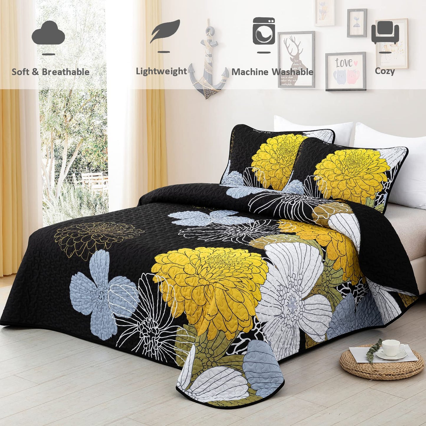 Yellow Floral Quilts California King Size Coverlet Set - 3 Pieces Lightweight Black Cal King Bedspread with 2 Pillowcases - All Season Soft Microfiber Reversible Bedding Quilt Set (Yellow/Black)