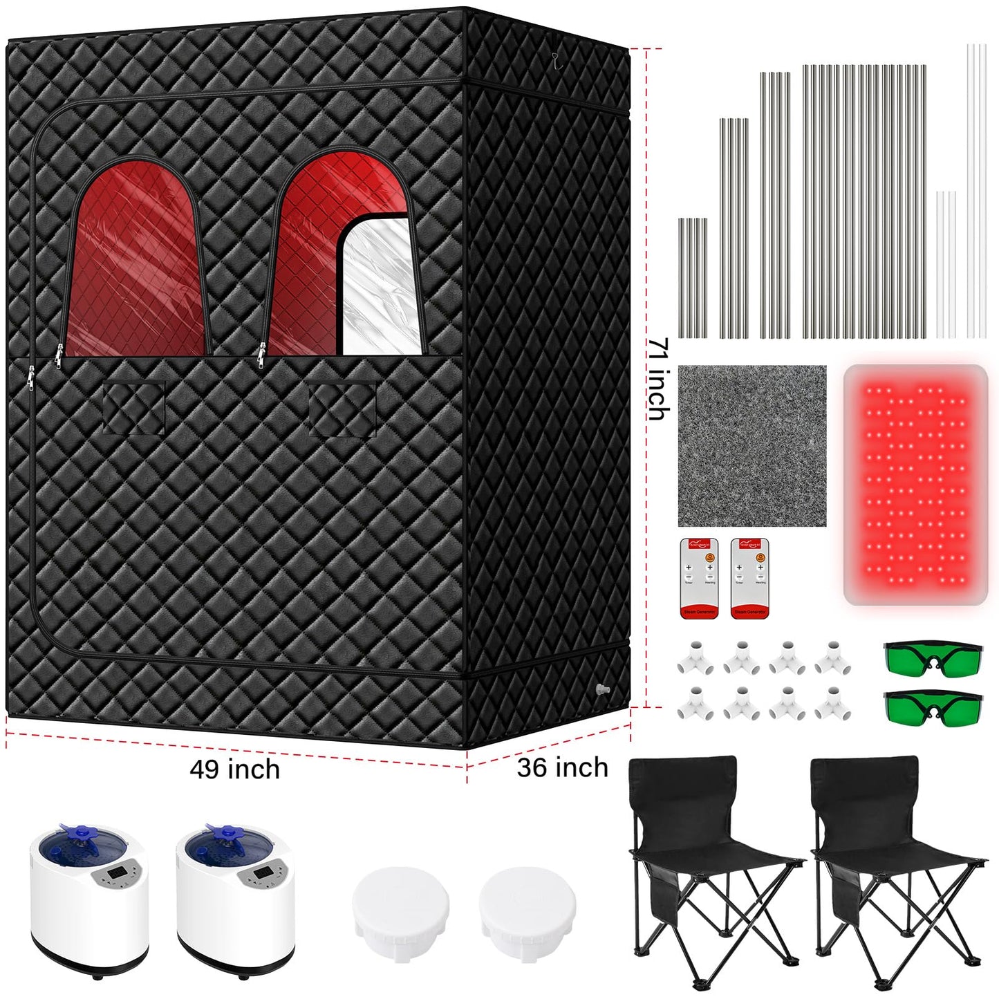 iTHERAU 2 Person Infrared Sauna Box for Home, Portable Steam Sauna Room with 660nm＆850nm Red Light Therapy Lamp, 5-Layer Waterproof, 2 Steamers, 2 Folding Chair