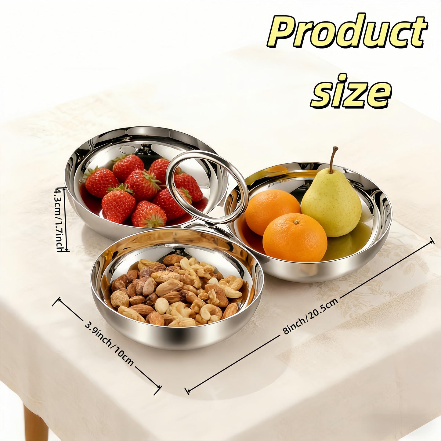 chhcjqyyf Cluster Serving Bowls 3 in 1 Silver Stainless Steel Snack Bowls Connected Fruit Tray Snack Plate for Home Kitchen Party Reusable Portable Ring Style Dessert Bowl Set