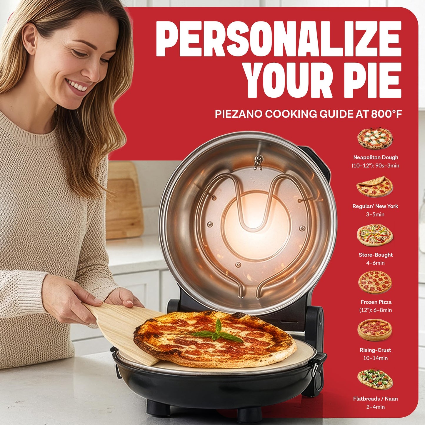 PIEZANO XL 14 Inch Electric Indoor Pizza Oven Heats up to 800˚F - Pizza Maker with Stone for Crispy Crust Pizza, Cooks in Under 6 Minutes, Countertop, Dual Heat Control, Peels & Scraper Included