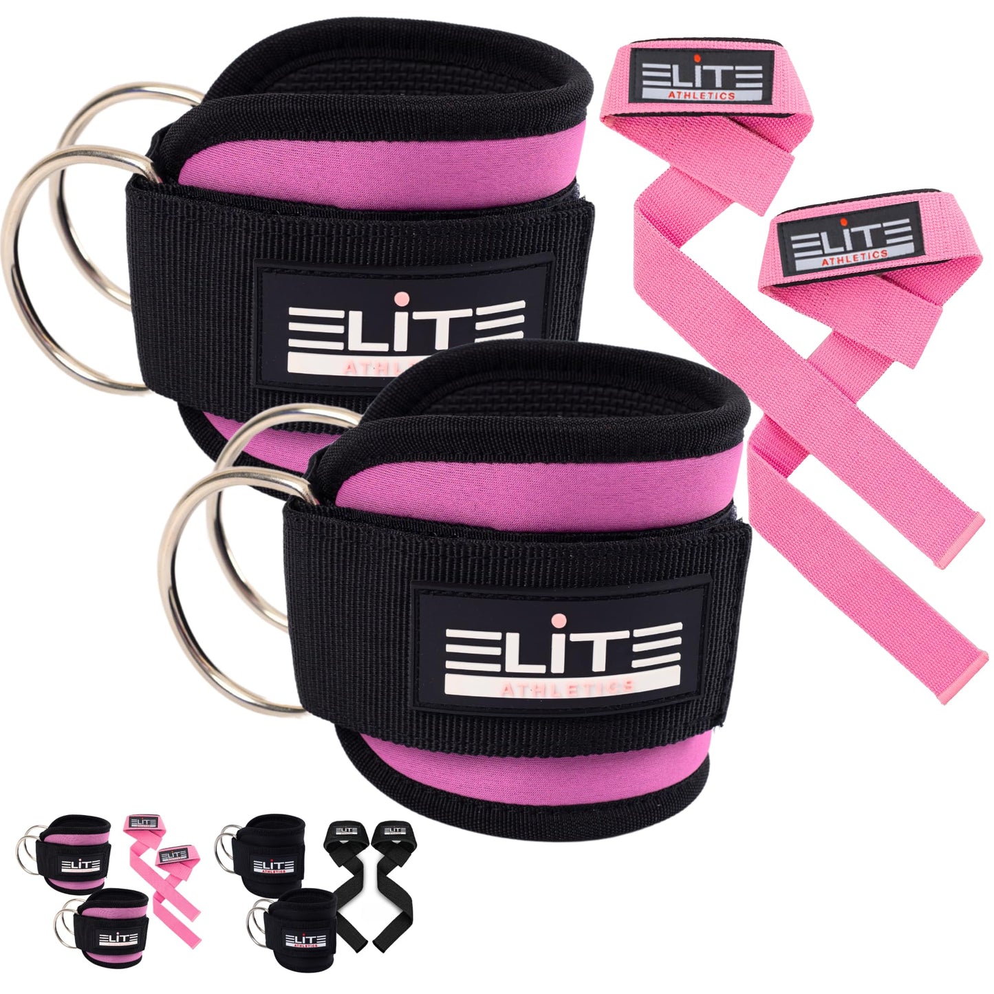 Elite Athletics Ankle Strap for Cable Machine, Gym Ankle Cuff for Cable Kickback, plus Wrist Lifting Straps for Weightlifting, Deadlift and Carry Bag (Pink)