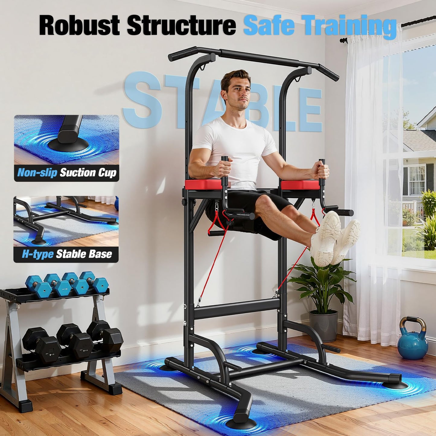 Dskeuzeew Pull Up Bar Free Standing for Multi-Function Home Gym Strength, Pull Up Dip Station Assistive Trainer Height Adjustable with Elastic Ropes, Power Tower Training Heavy-Duty Fitness Equipment