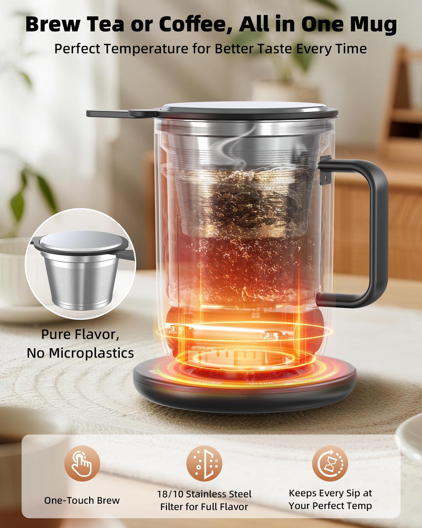 Nuwave Smart Heated Coffee Mug Rechargeable, 16oz Self Heating Temperature Control Mug with LED Display, Custom Brew Modes, Double-Wall Vacuum Insulation, 5-Hour Battery Life, Auto Shut-Off