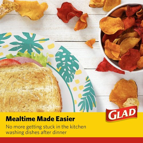 Glad Round Disposable Paper Plates - Soak Proof & Cut Resistant, 10 Inch, Palm Leaves Pattern, 50 Count | Perfect for Parties & Picnics