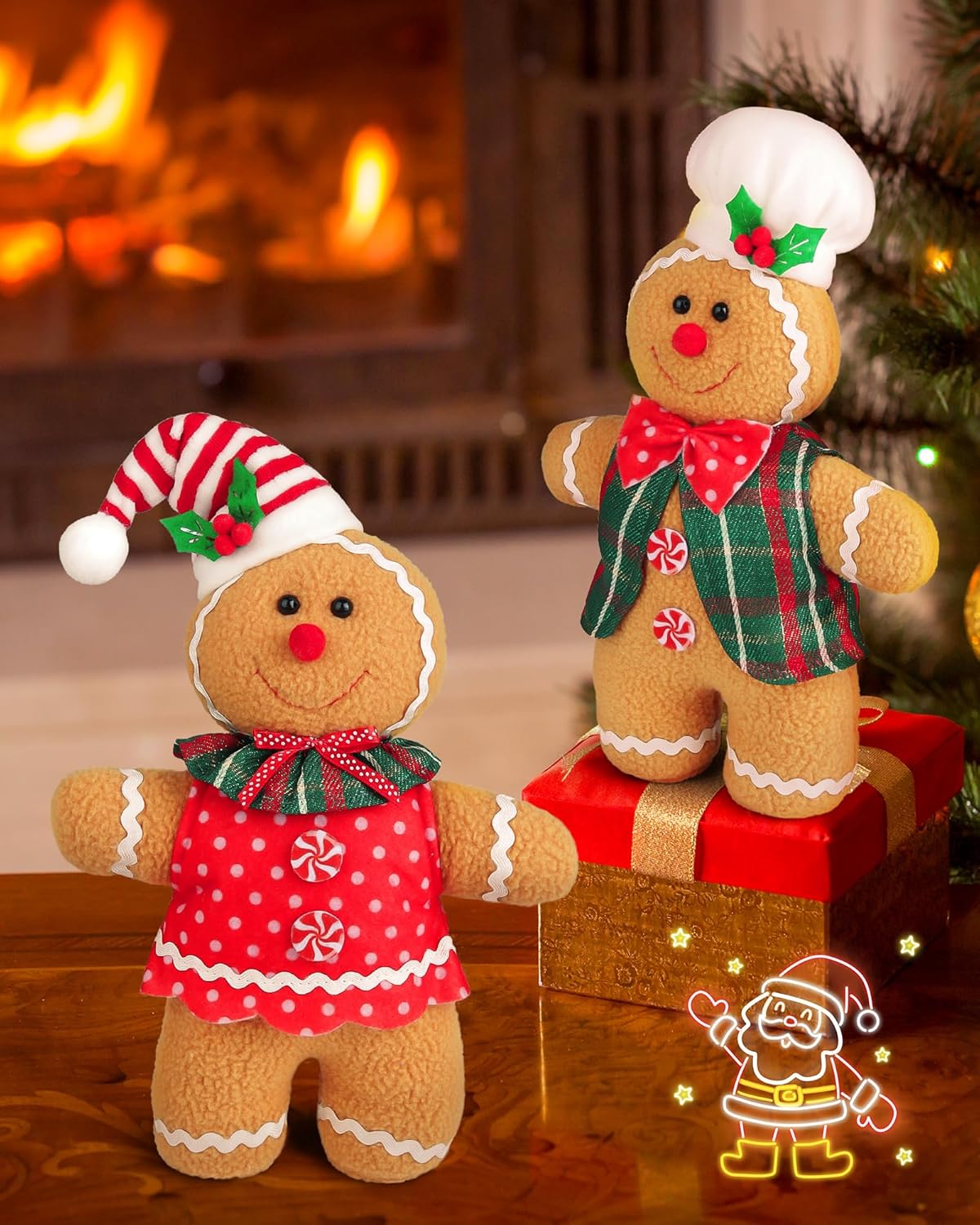 D-FantiX Gingerbread Man Plush Doll Set - 2 Handmade Stuffed Animal Toys for Christmas Decor