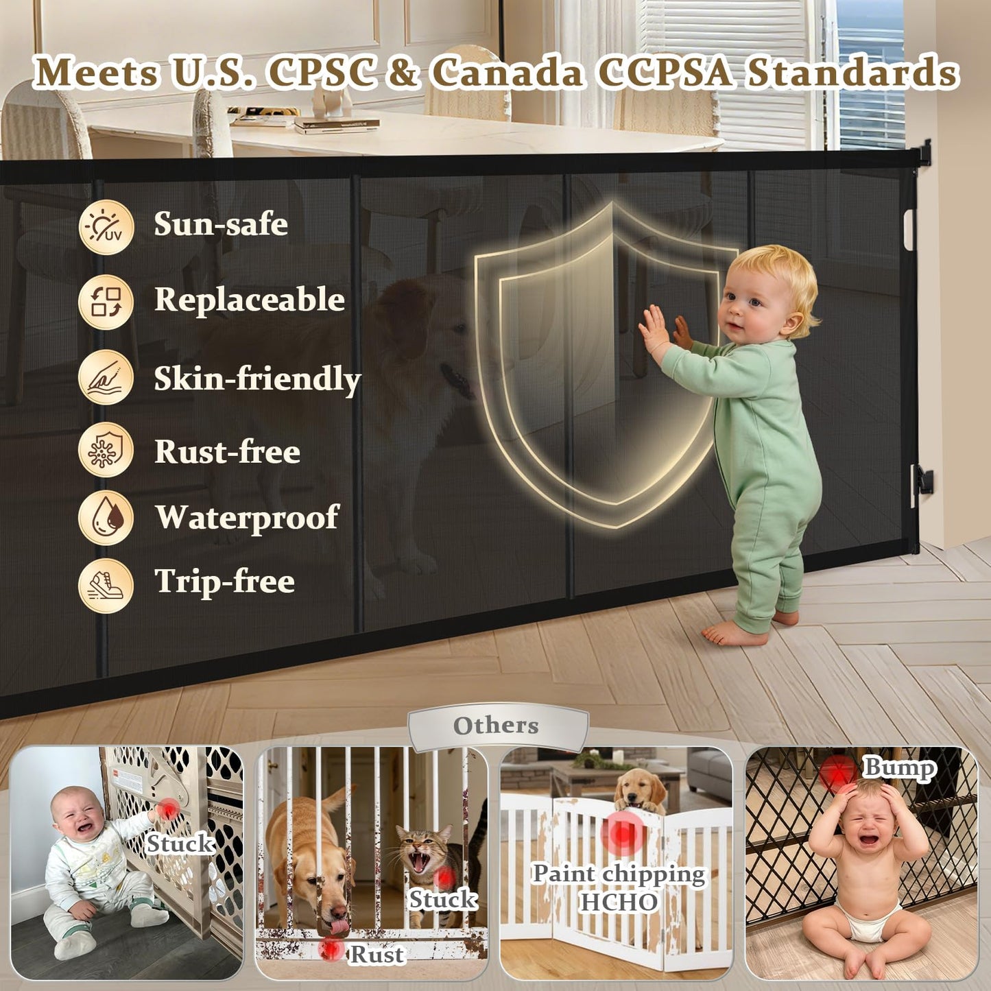 Retractable Baby Gates Extra Wide 200 Inch, 42 Inch Tall Mesh Dog Gate with Reinforcement Rods, Hardware Mounted Safety Gate for Large Openings, Stairs, Garage, Deck, Driveway, Indoor Outdoor, Black