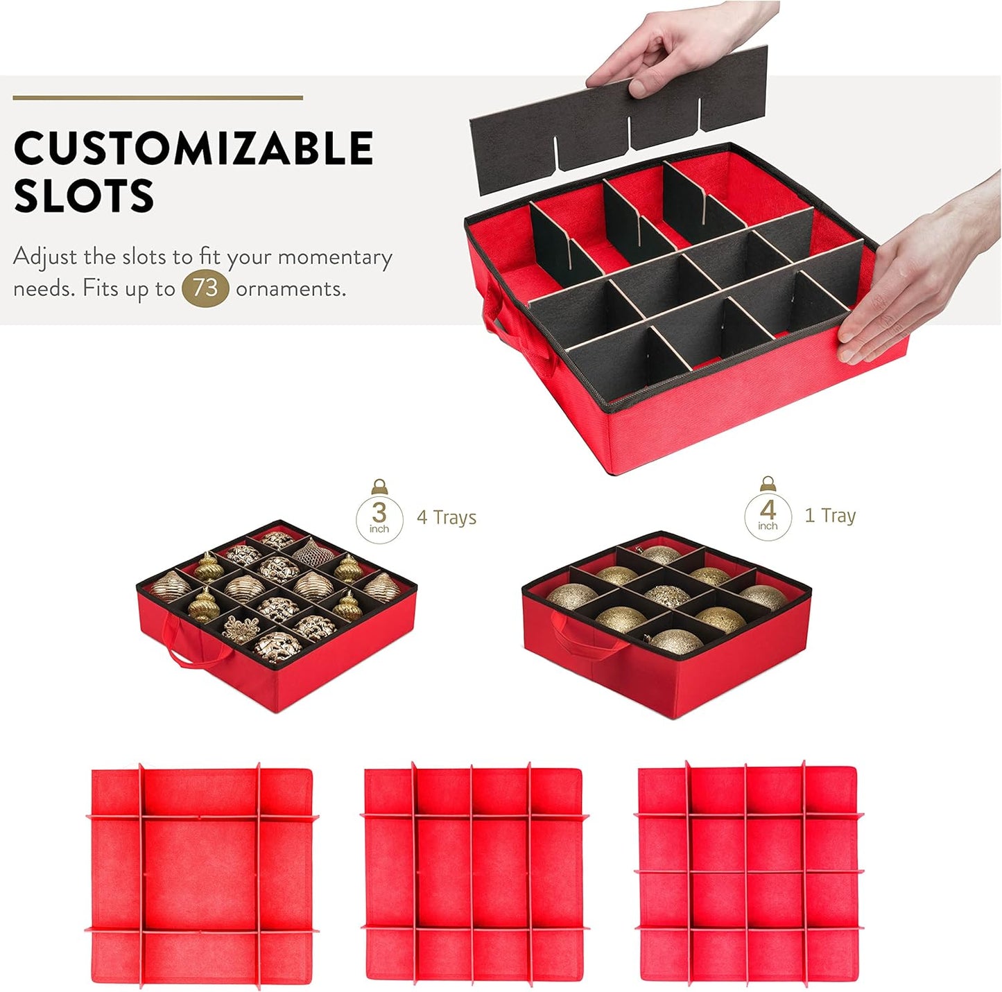 ZOBER Christmas Ornament Storage Box - Easy Access Removable Trays for 73 Ornaments - Red