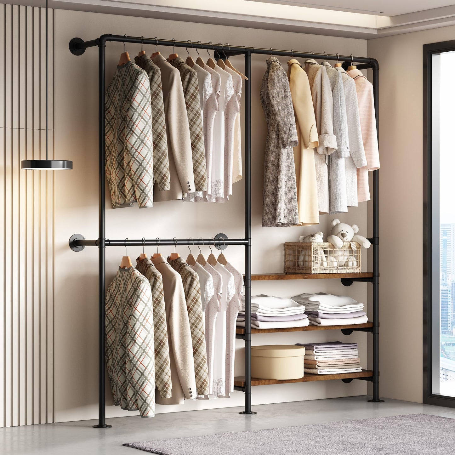 KAILNKISS Industrial Pipe Clothes Rack, Wall Mounted Clothing Rack with Shelves, Heavy Duty Closet Organizers Wardrobe Multi-Purpose Storage Clothes Hanging Shelf-70.8''L Black