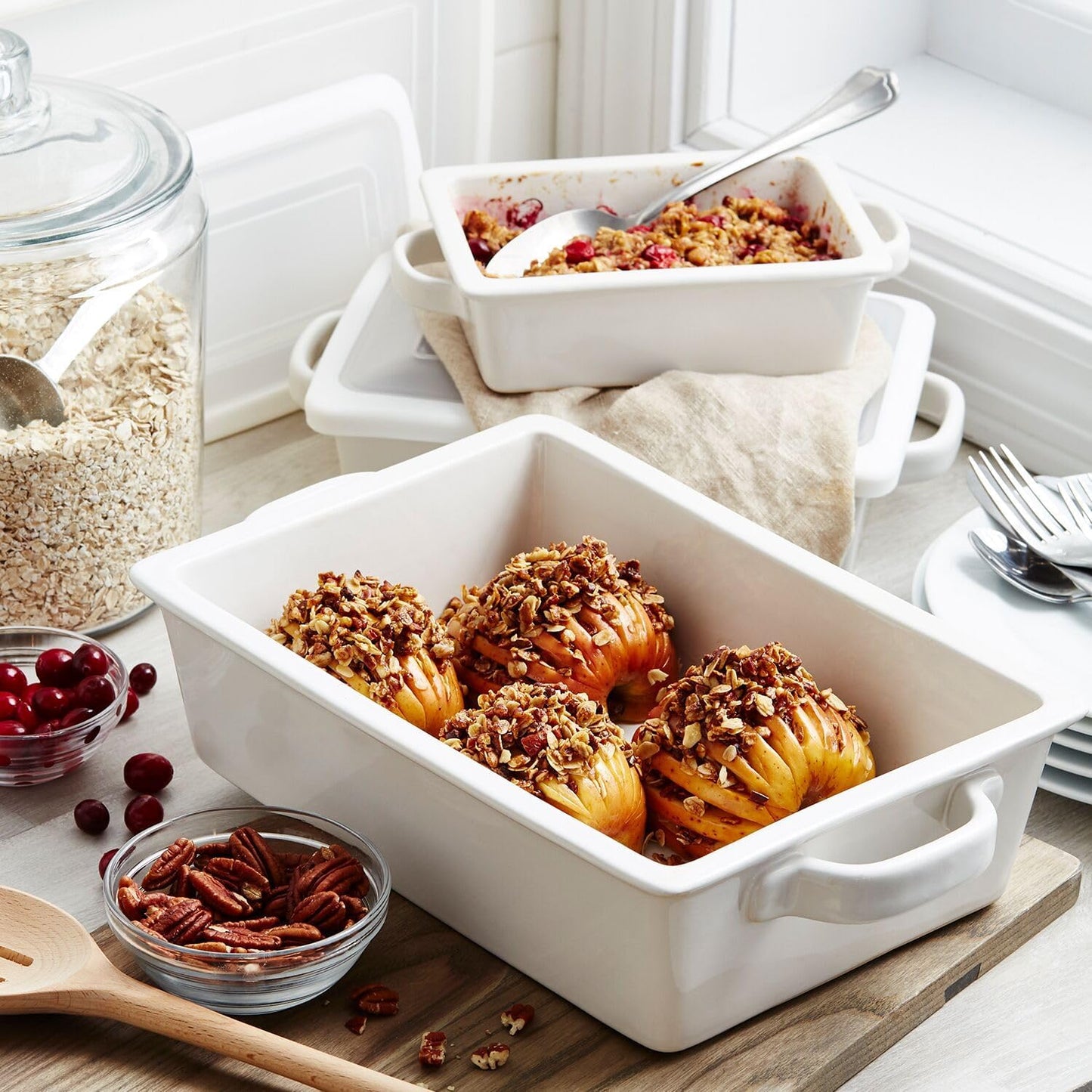 Sur La Table Stoneware Baker Set - 3-Piece Freezer-to-Oven Bakeware with Lids | Durable Handmade Design, White