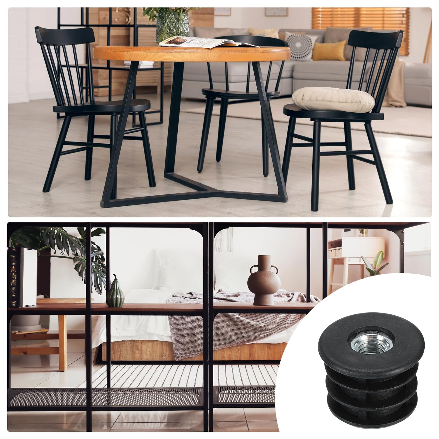Uxcell 6-Pack Round Tube Inserts with M8 Thread, for 25mm/0.98" OD Tube, Black Plastic Plugs for Furniture Legs, Chair End Caps