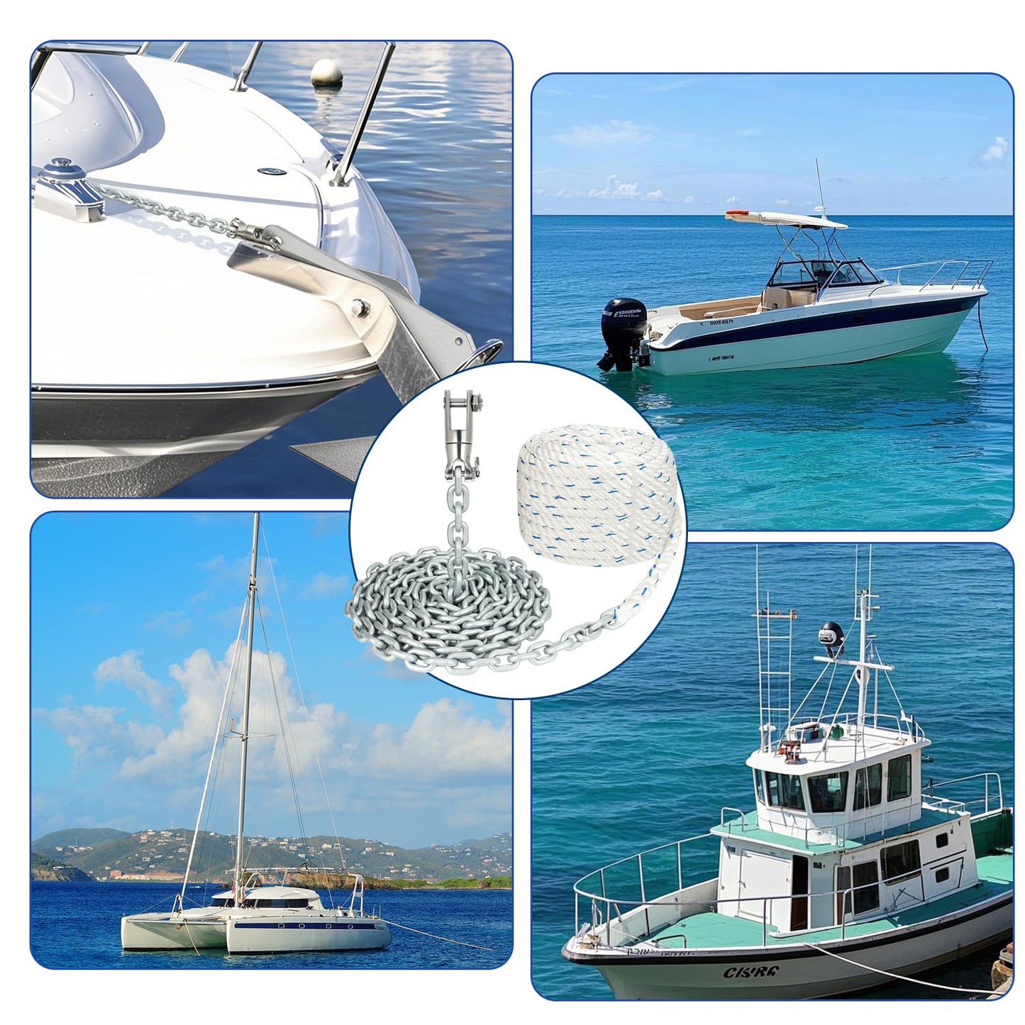 FUCNEN Windlass Anchor Rode Rope/Chain, 1/2" Anchor Line 100ft with 1/4" Hot-Dipped Galvanized G4 Chain 10ft and Swivel Connector Kit, 3-Strand Nylon Rope