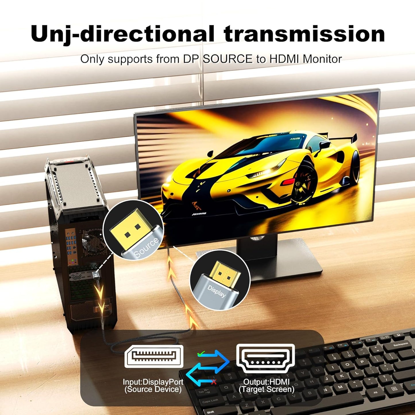 CHENLENIC 6.6FT 8K 8K@60Hz 4K@120Hz DP1.4 2.1(Display),DP 2.3 HDR10 DisplayPort to HDMI Cable, Uni-Directional (Source)